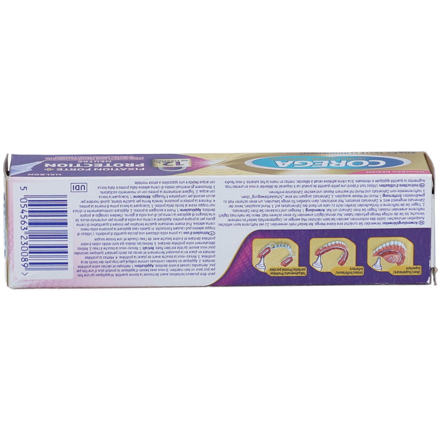 Boîte de crème adhésive COREGA ULTRA, dos. Texte, code-barres, illustrations. Informations sur l'utilisation et les ingrédients.