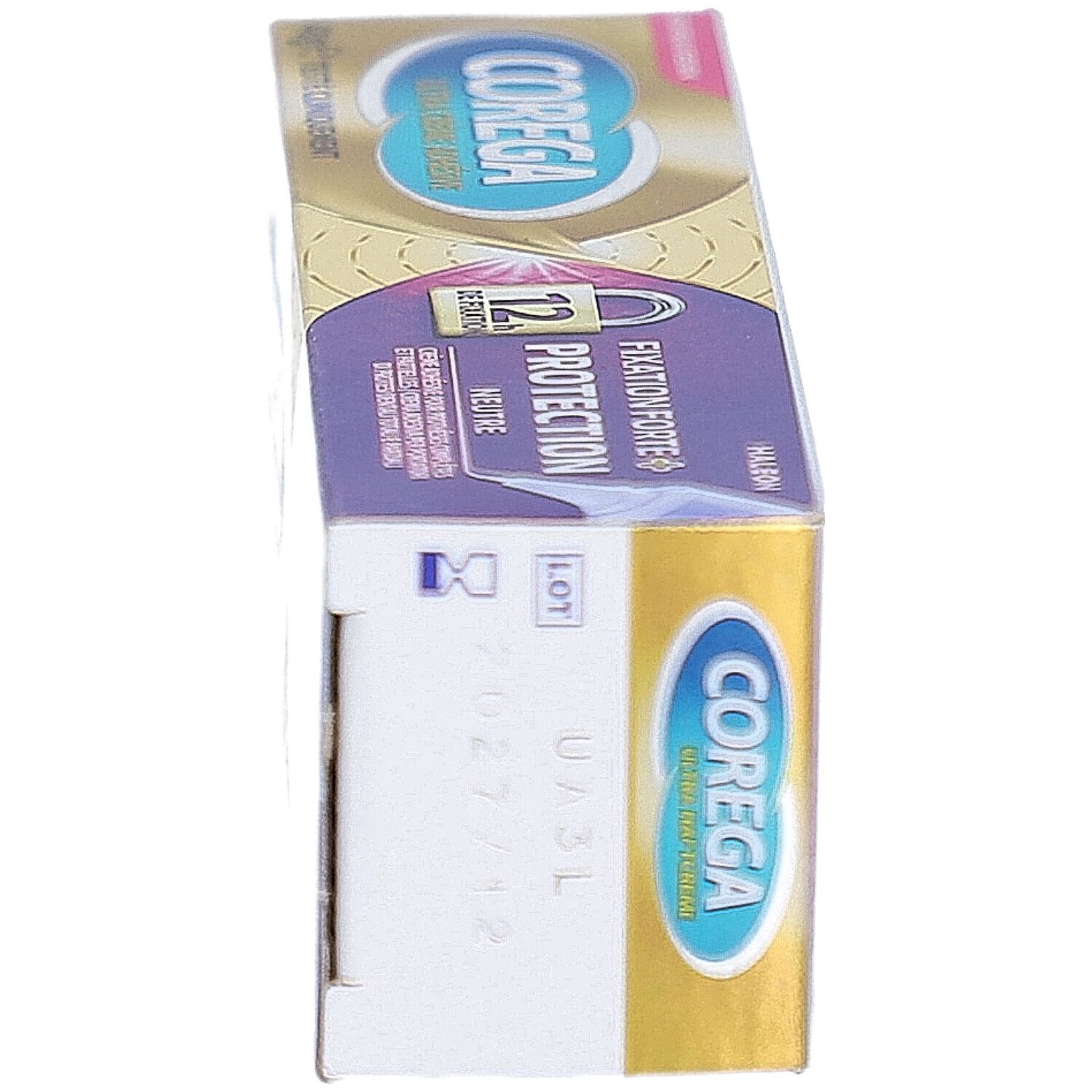 Boîte de crème adhésive COREGA ULTRA, en biais. Or, violet, texte. Texte : Fixation forte + protection, 12h tenue. Nouveau design.