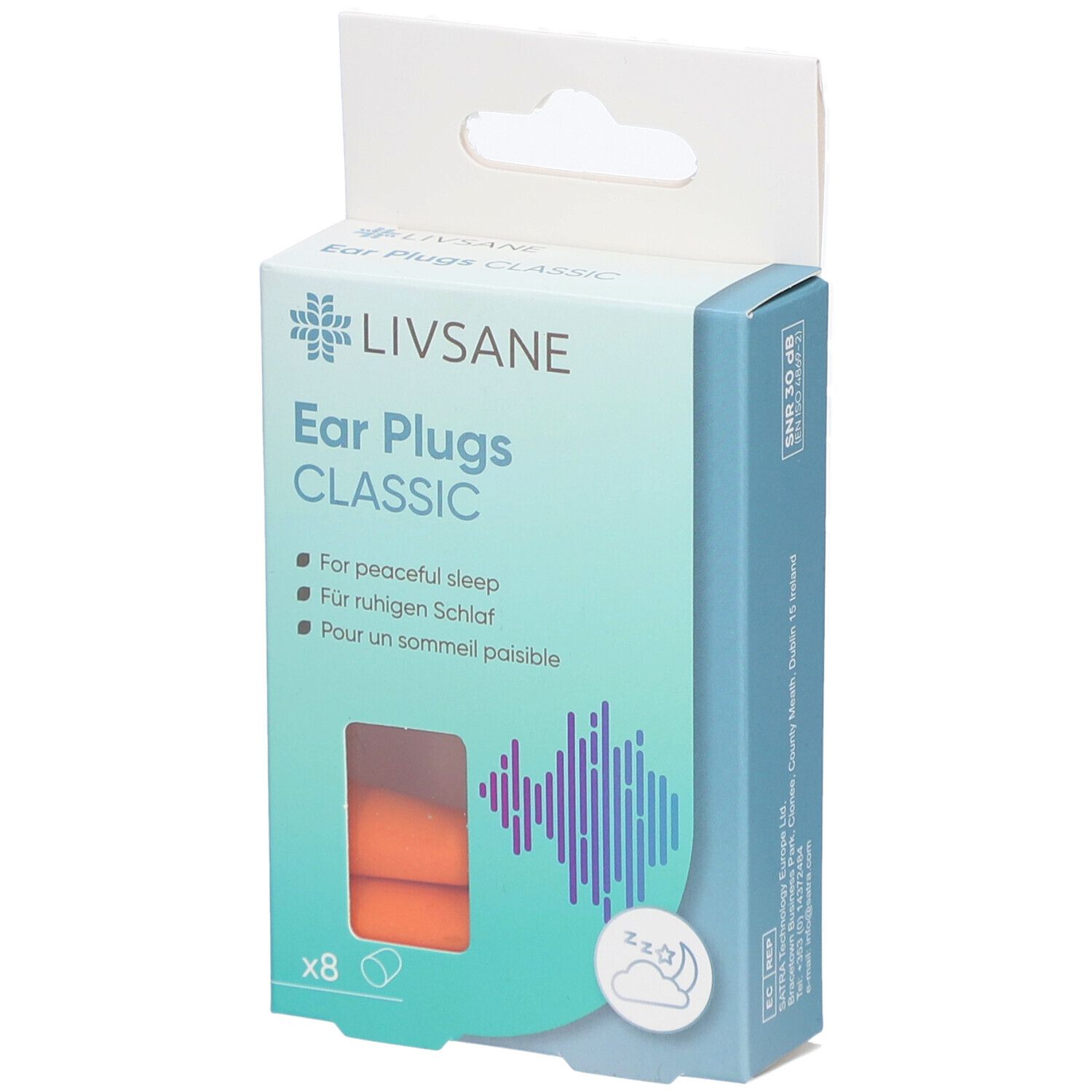Boîte de bouchons d'oreille LIVSANE CLASSIC. 8 pièces. Bouchons orange visibles. Texte: Pour un sommeil paisible.
