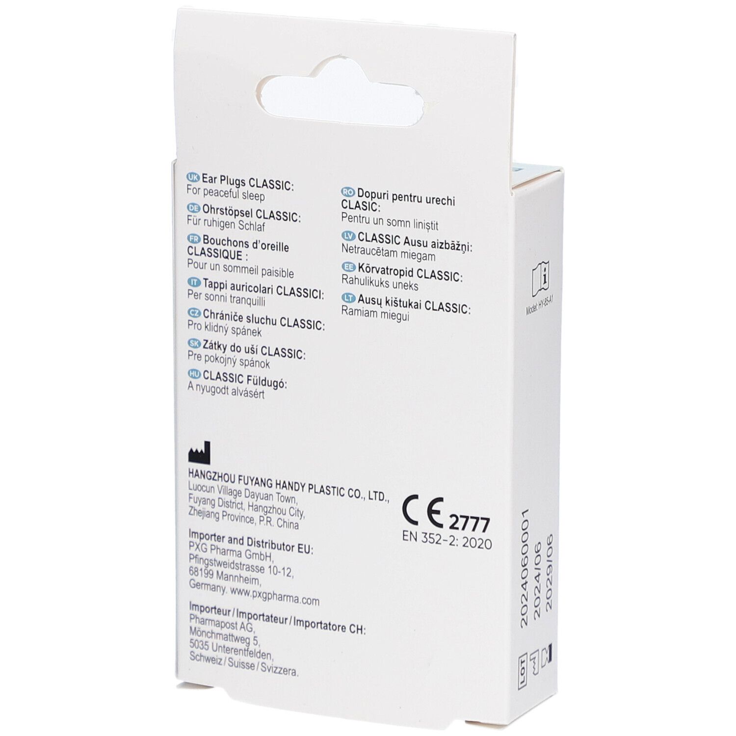 Dos de la boîte avec texte multilingue. Marquage CE. Informations du fabricant.