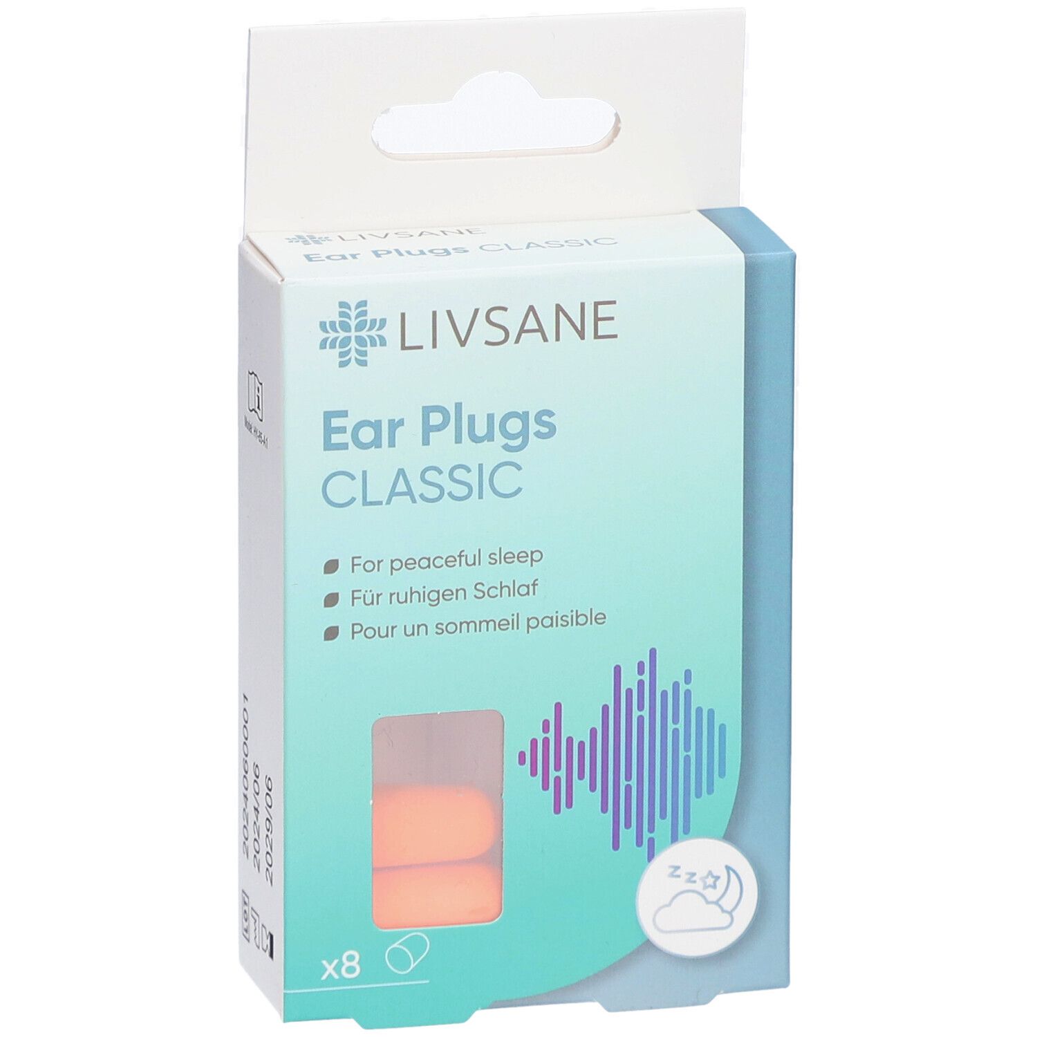 Boîte de bouchons d'oreille LIVSANE CLASSIC. 8 pièces. Bouchons orange visibles. Texte: Pour un sommeil paisible.