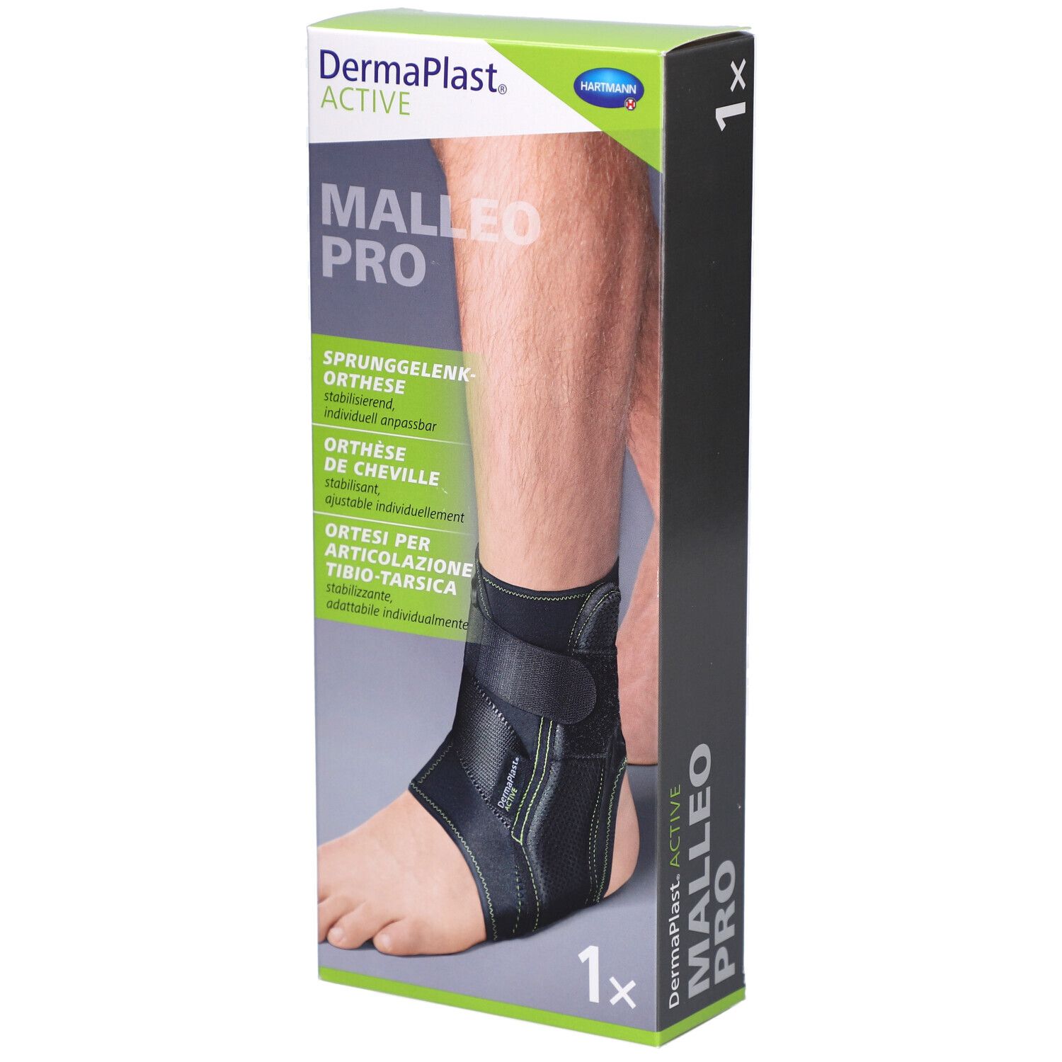 Dermaplast Active Malleo Pro. Schwarze Knöchelorthese am Bein. Verpackung mit Produktabbildung und Text.