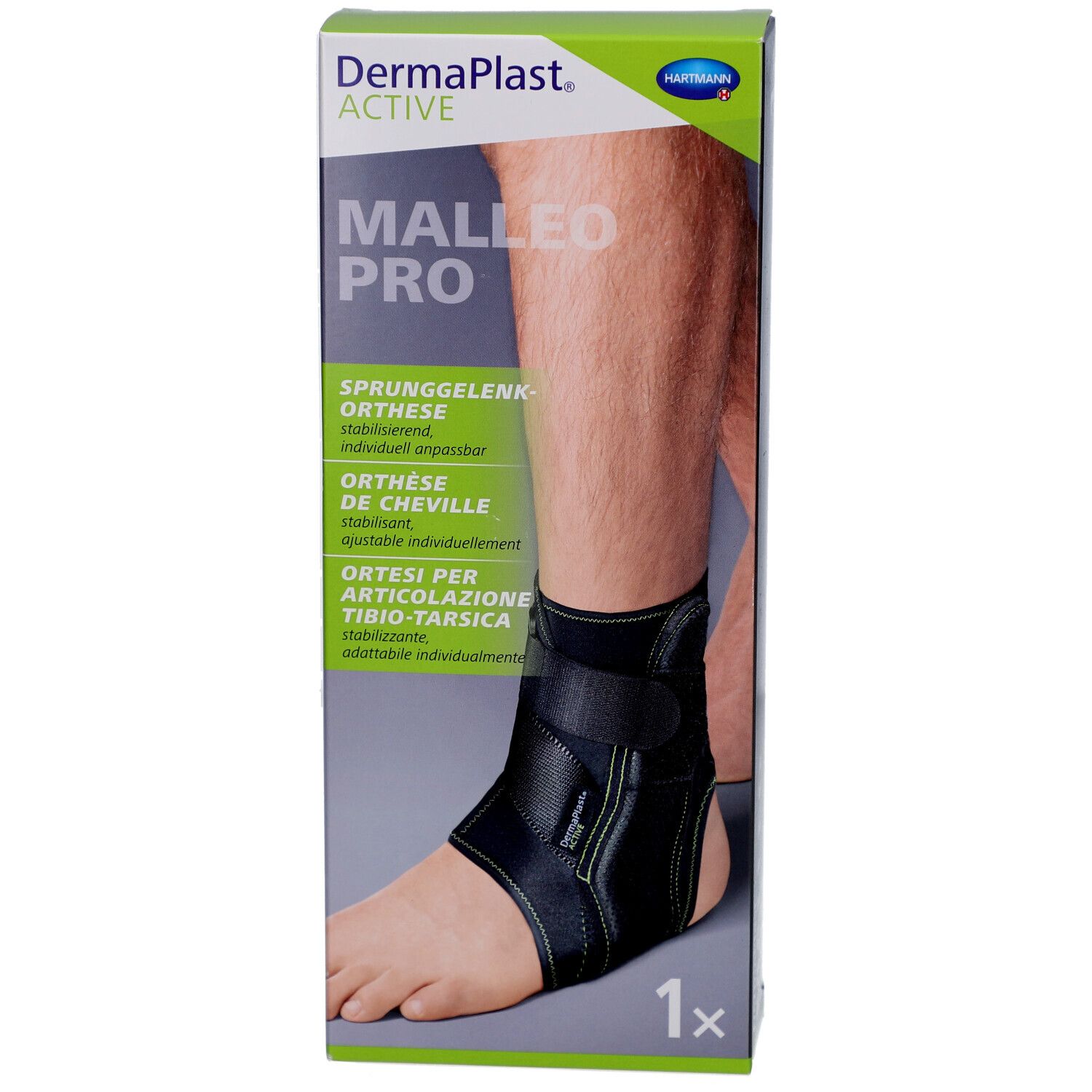 Dermaplast Active Malleo Pro. Schwarze Knöchelorthese am Bein. Verpackung mit Produktabbildung.