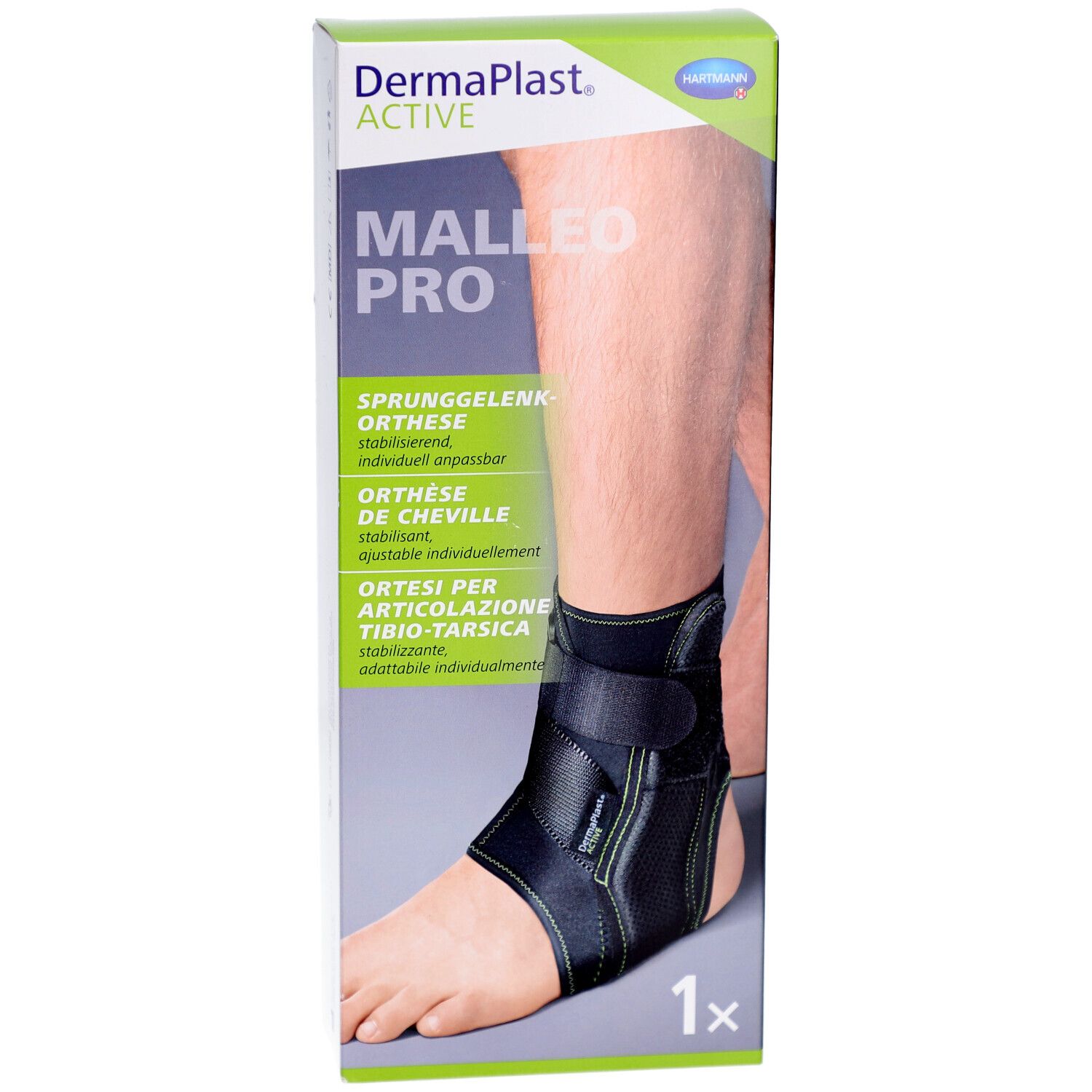 Dermaplast Active Malleo Pro. Schwarze Knöchelorthese am Bein. Verpackung mit Produktabbildung.