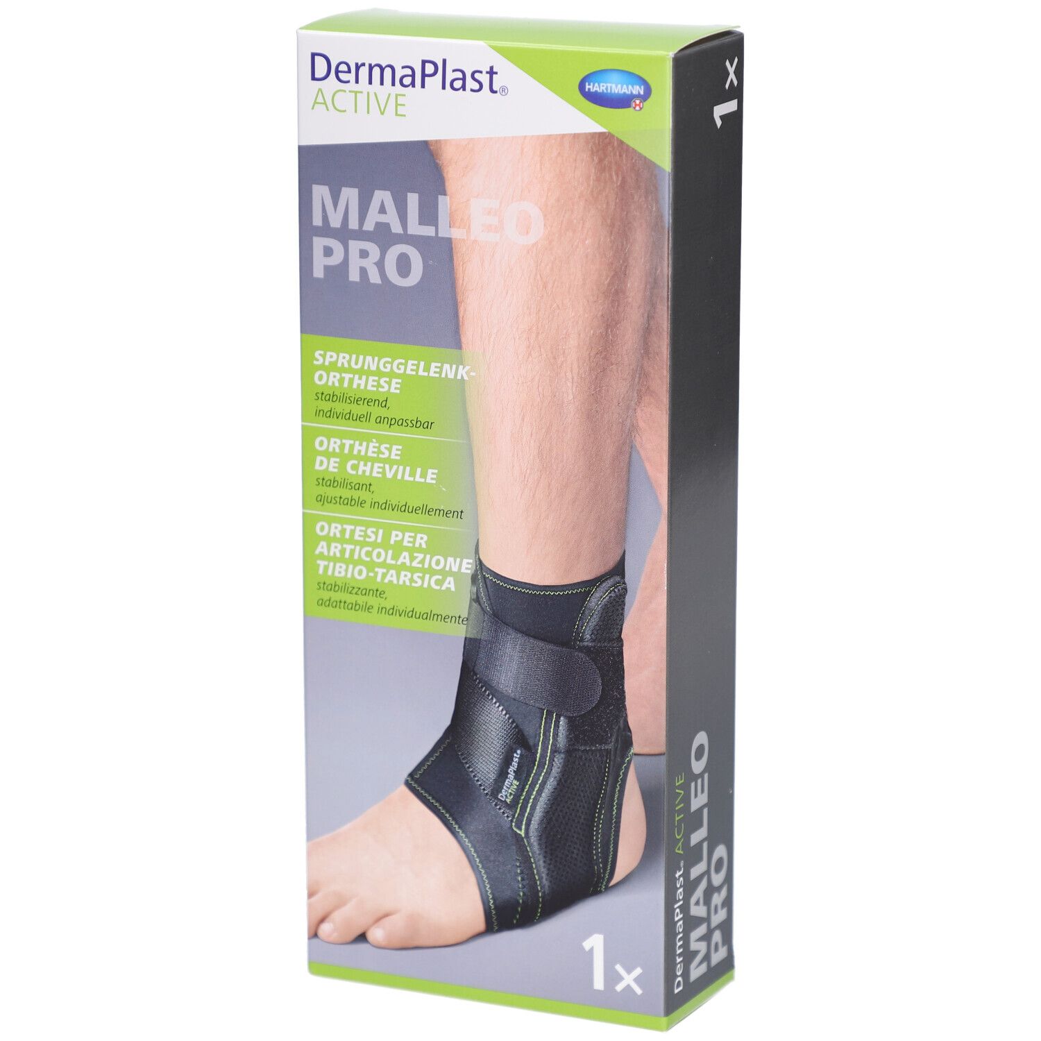 Schwarze Knöchelorthese in Verpackung. Marke: DermaPlast ACTIVE Malleo Pro. Box mit Produktabbildung und Text in mehreren Sprachen.
