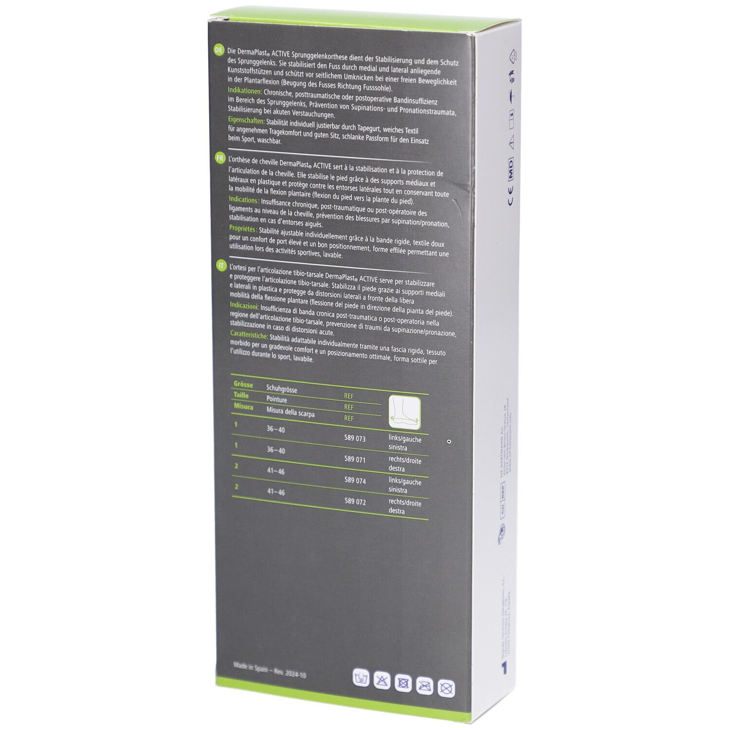 Rückseite der Verpackung. Text in mehreren Sprachen. Größentabelle. Marke: DermaPlast ACTIVE Malleo Pro. Zertifizierungen.