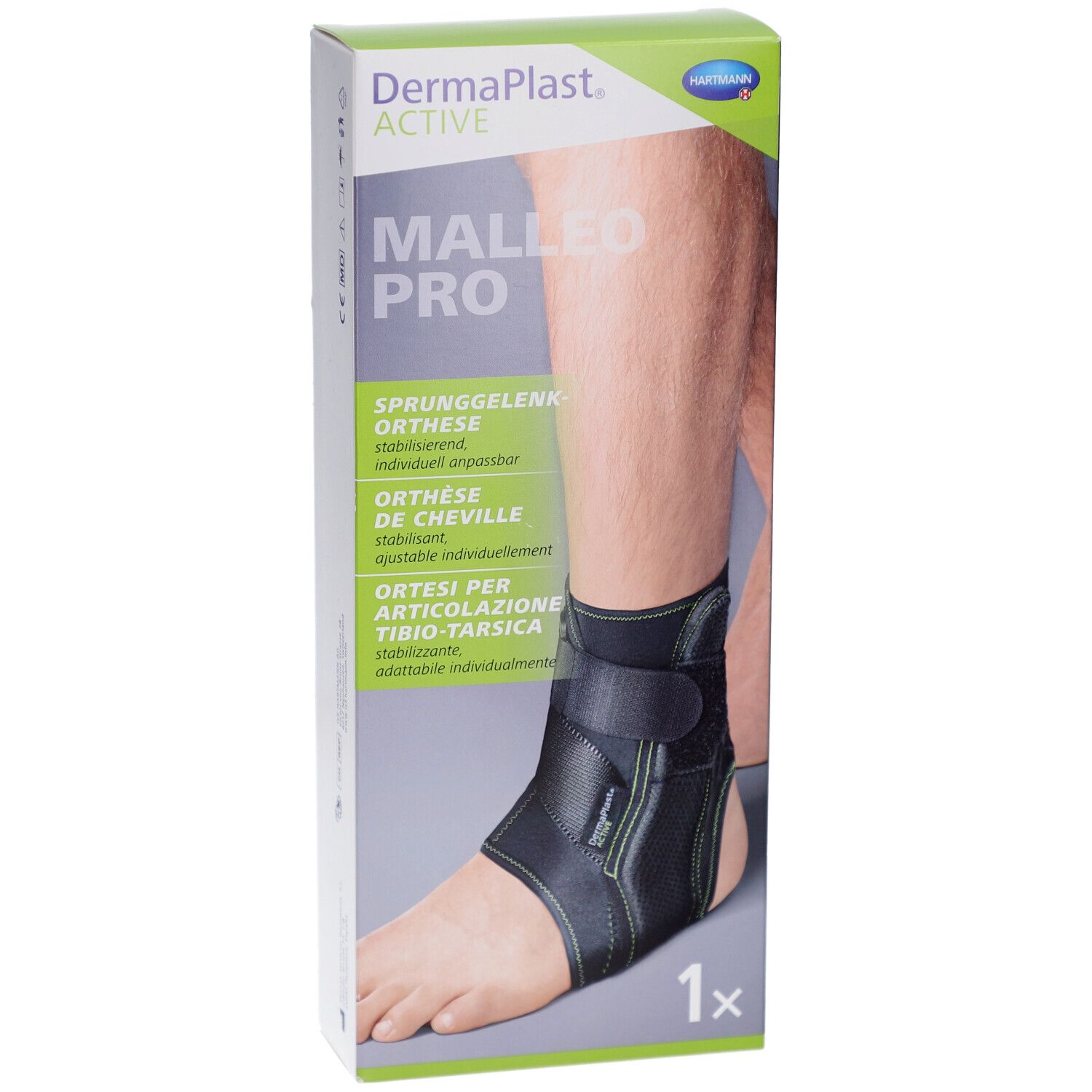 Knöchelorthese in Verpackung. Marke: DermaPlast ACTIVE Malleo Pro. Schwarze Orthese mit Klettverschluss. Box mit Produktabbildung.