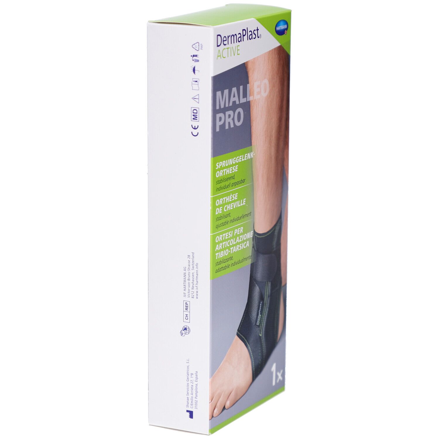 Verpackung DERMAPLAST Active Malleo Pro. Seitenansicht mit Produktinformationen und Logo.