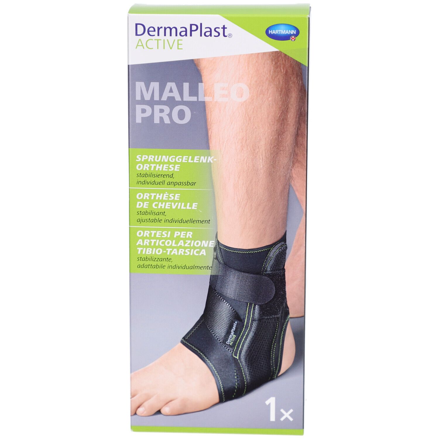 Verpackung DERMAPLAST Active Malleo Pro. Schwarze Knöchelorthese am Bein. 1 Stück.