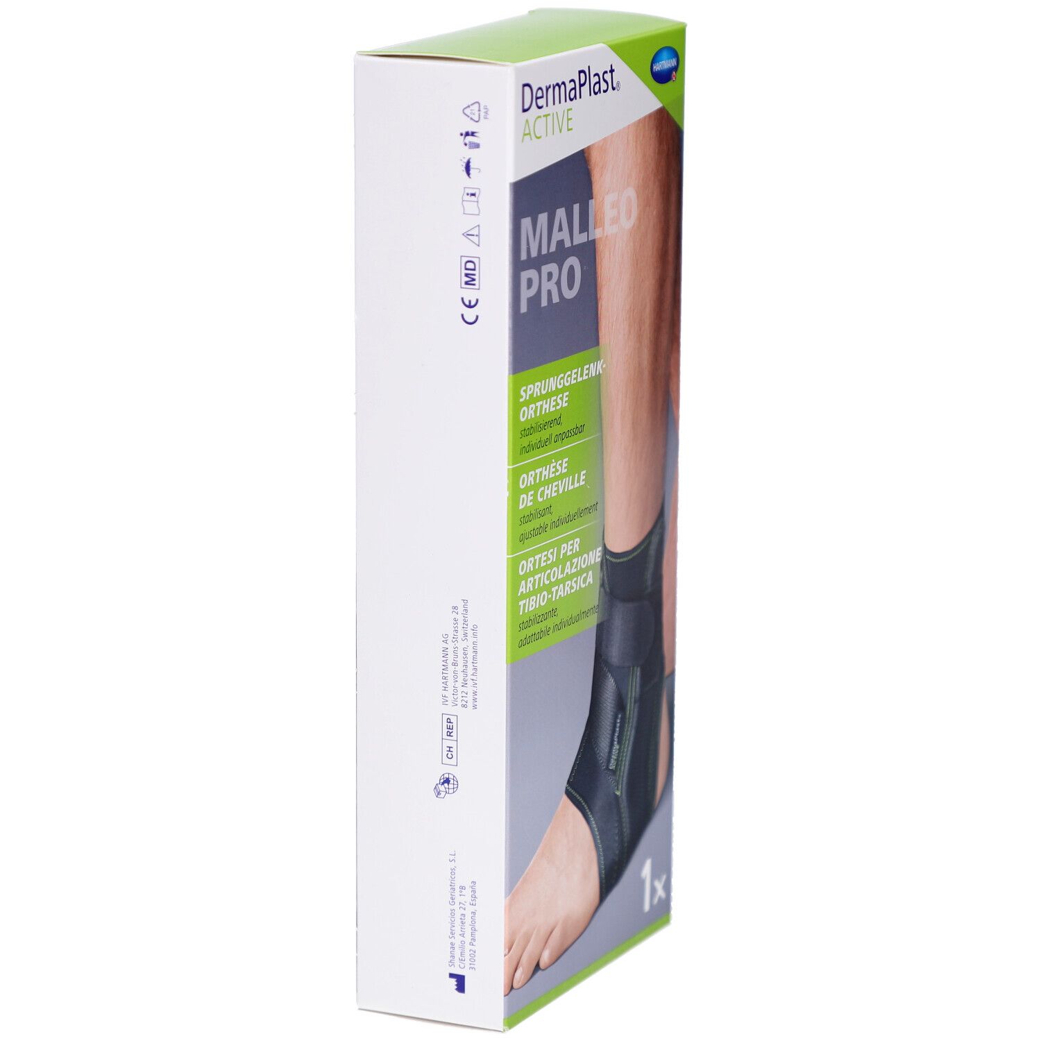 Dermaplast Active Malleo Pro Verpackung, Seitenansicht. Text: Sprunggelenkorthese, Orthese de cheville, Ortesi per articolazione tibio-tarsica.