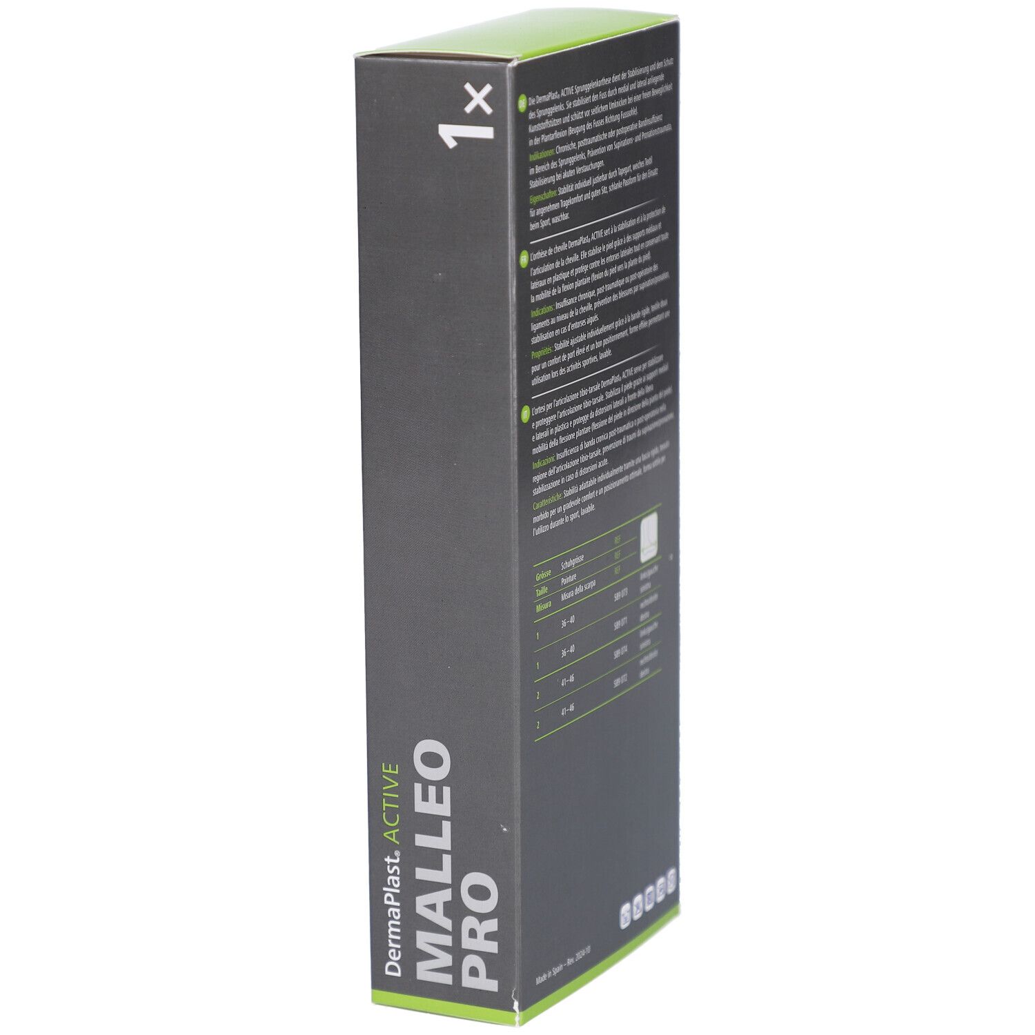 Dermaplast Active Malleo Pro Verpackung, Seitenansicht. Text: Größenangaben, 1 Stück.