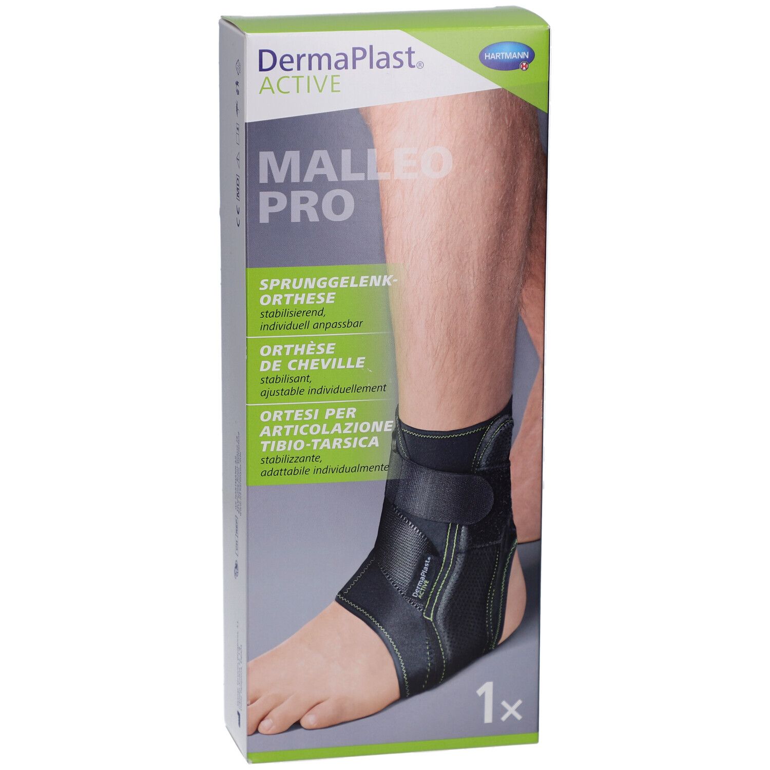 Dermaplast Active Malleo Pro. Knöchelorthese in Verpackung. Schwarz, mit Klettverschluss. 1 Stück.