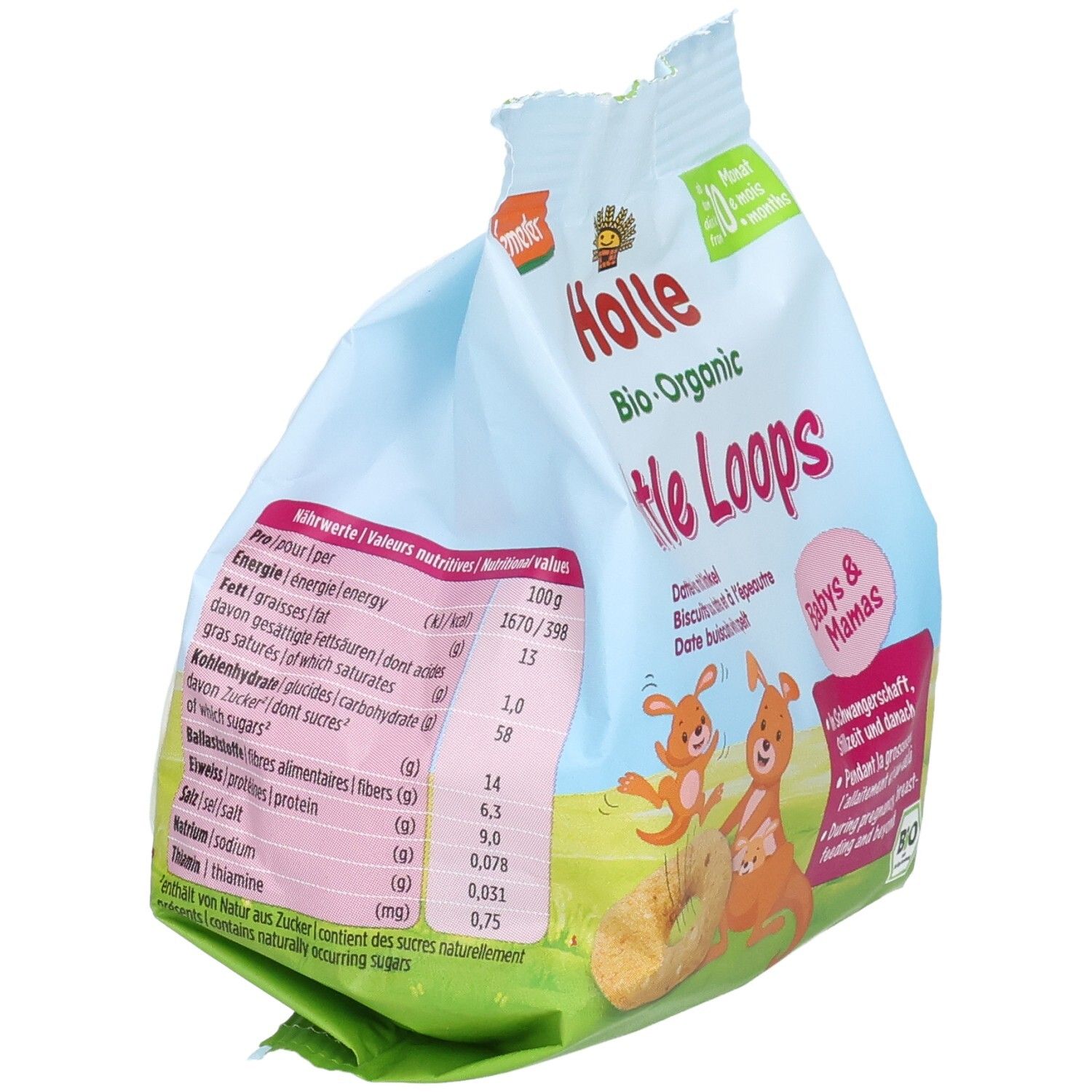 Rückseite der Holle Little Loops Kekspackung mit Nährwertangaben und Zutatenliste.