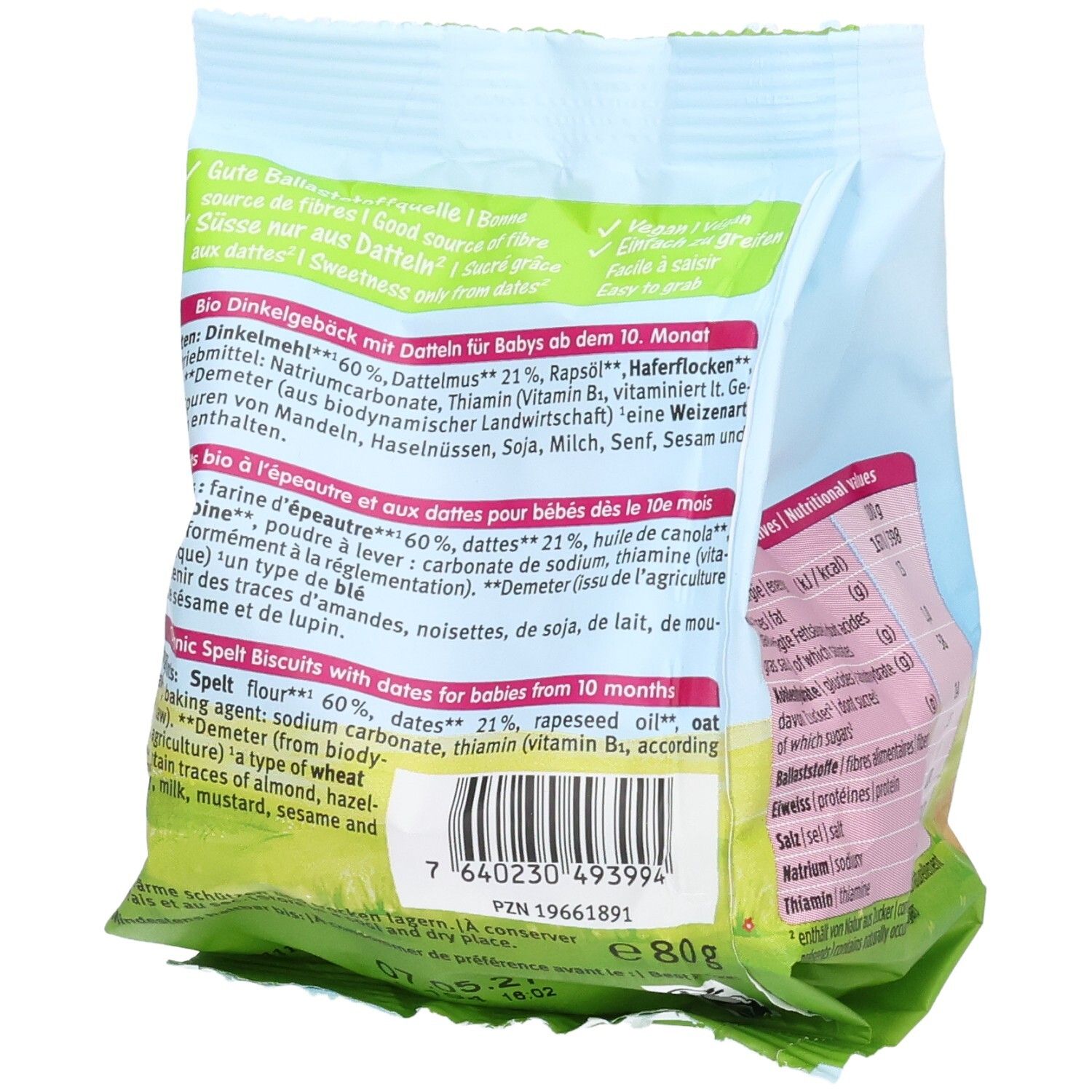 Seitenansicht der Holle Little Loops Kekspackung mit detaillierter Zutatenliste.