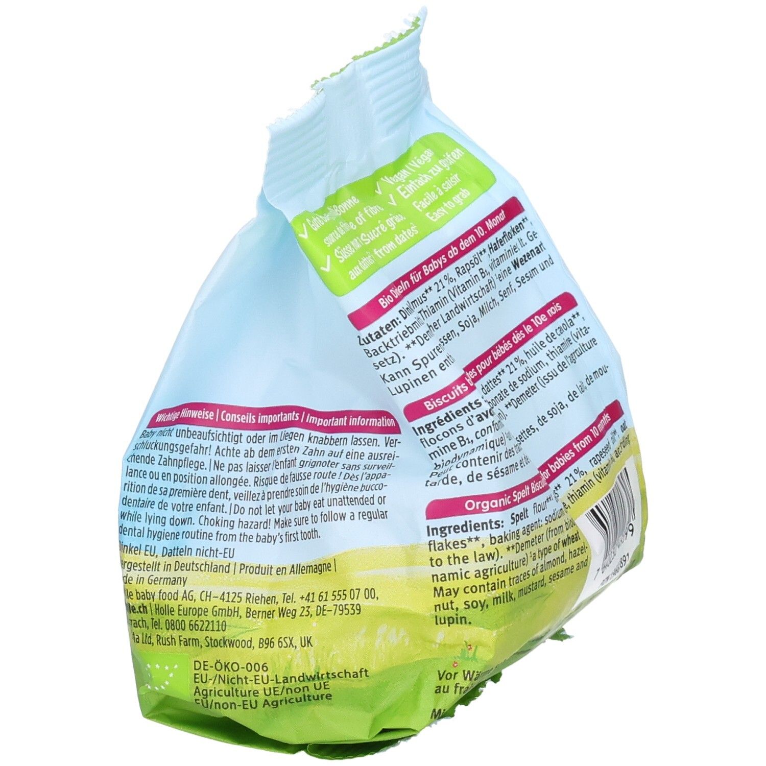 Rückseite der Holle Little Loops Kekspackung mit Warnhinweisen und Herstellerinformationen.