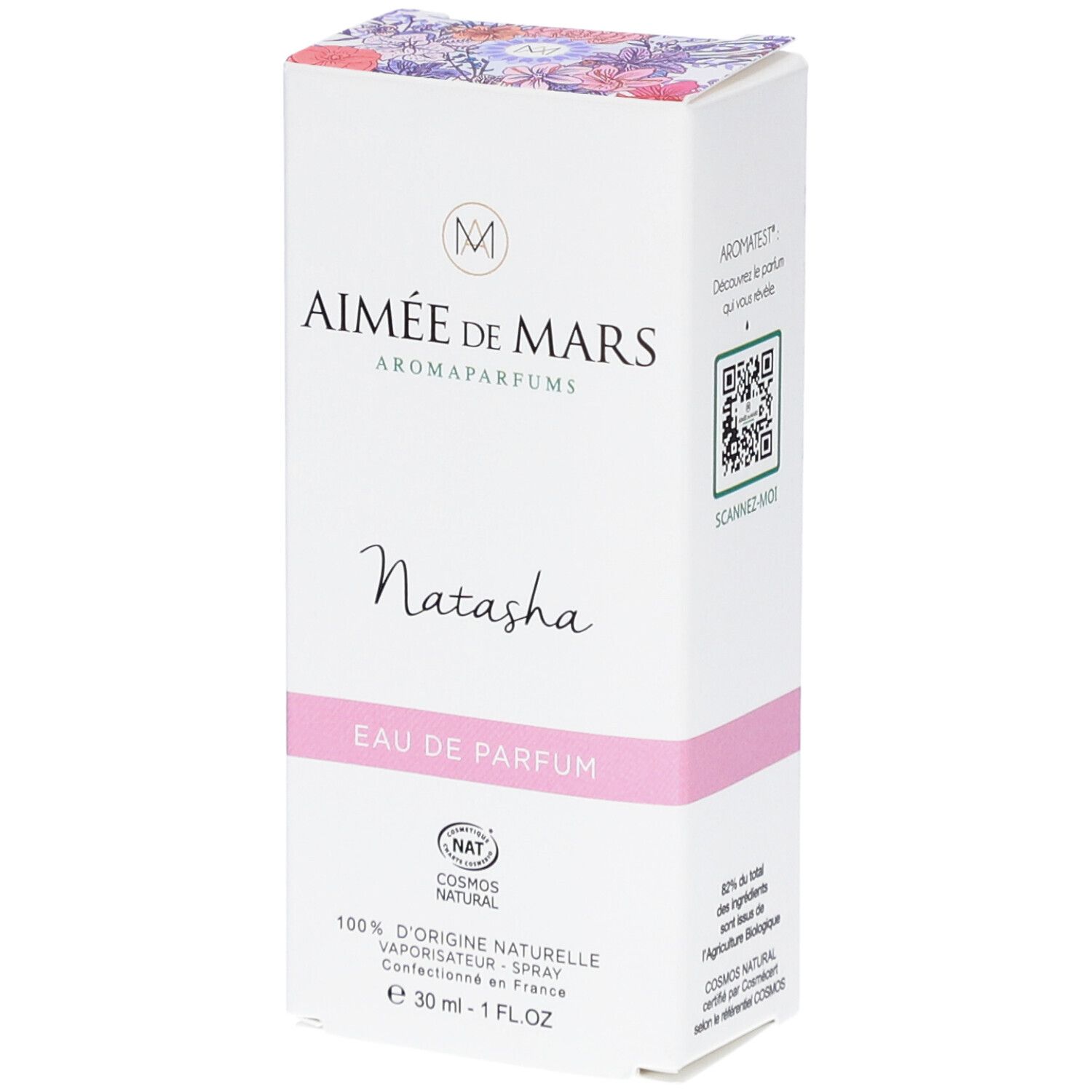 Aimée de Mars Natasha Eau de Parfum. Weiße Schachtel mit rosa Band. Text: NAT, 100% d'origine naturelle, 30 ml - 1 FL.OZ.