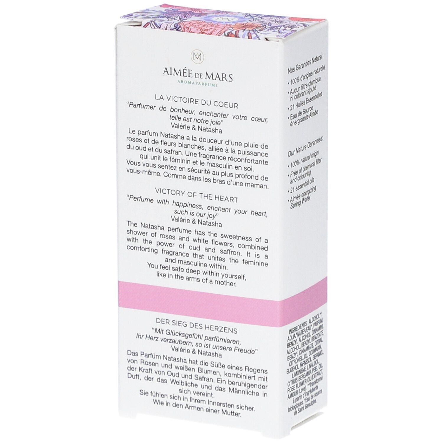 Aimée de Mars Natasha Eau de Parfum. Weiße Schachtel mit rosa Band. Text: La Victoire du Coeur, Der Sieg des Herzens, Victory of the Heart.
