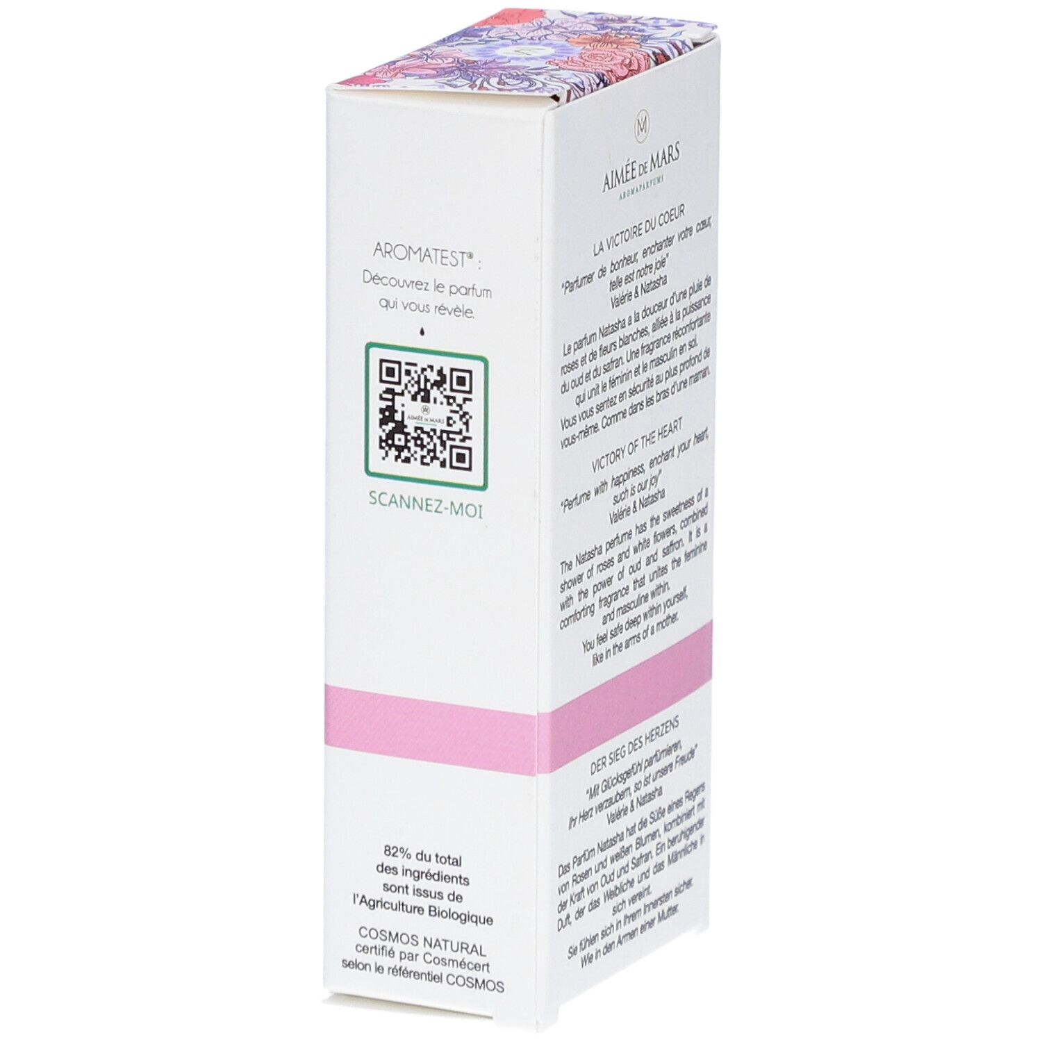 Aimée de Mars Natasha Eau de Parfum. Weiße Schachtel mit rosa Band. Text: Arometest, Scannez-moi, 82% du total des ingrédients sont issus de l'Agriculture Biologique.
