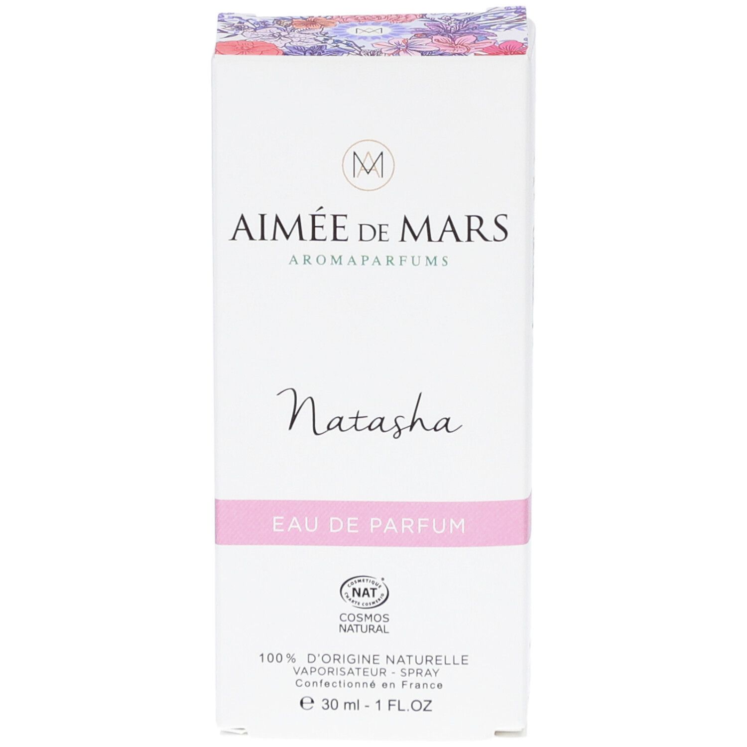 Aimée de Mars Natasha Eau de Parfum. Weiße Schachtel mit rosa Band. Text: Natasha, Eau de Parfum, NAT, 100% d'origine naturelle, 30 ml - 1 FL.OZ.