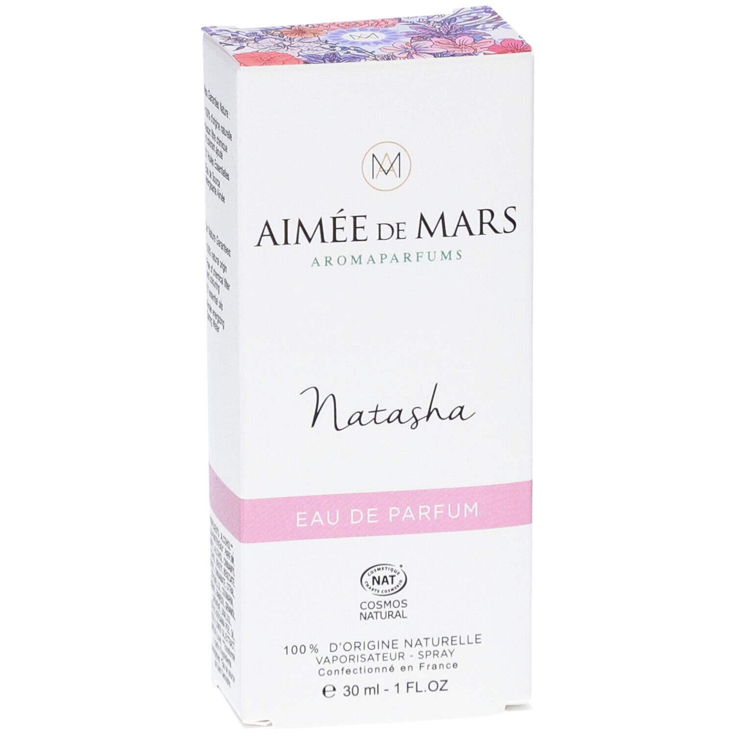 Aimée de Mars Natasha Eau de Parfum. Weiße Schachtel mit rosa Band. Text: Natasha, Eau de Parfum, NAT, 100% d'origine naturelle, 30 ml - 1 FL.OZ.