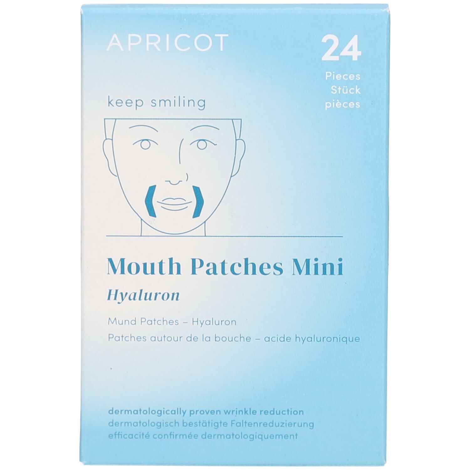 Emballage bleu clair avec nom du produit et illustration. Contient 24 patchs pour la bouche. Texte : "APRICOT", "Mouth Patches Mini Hyaluron".