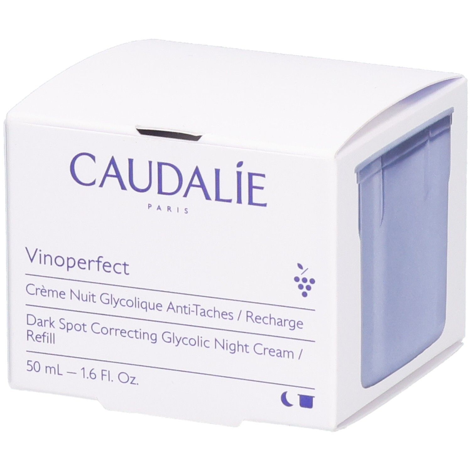 Weiße Verpackung mit Produktinformationen. CAUDALIE-Logo und Produktname. Enthält eine hellblaue Creme-Nachfüllung.