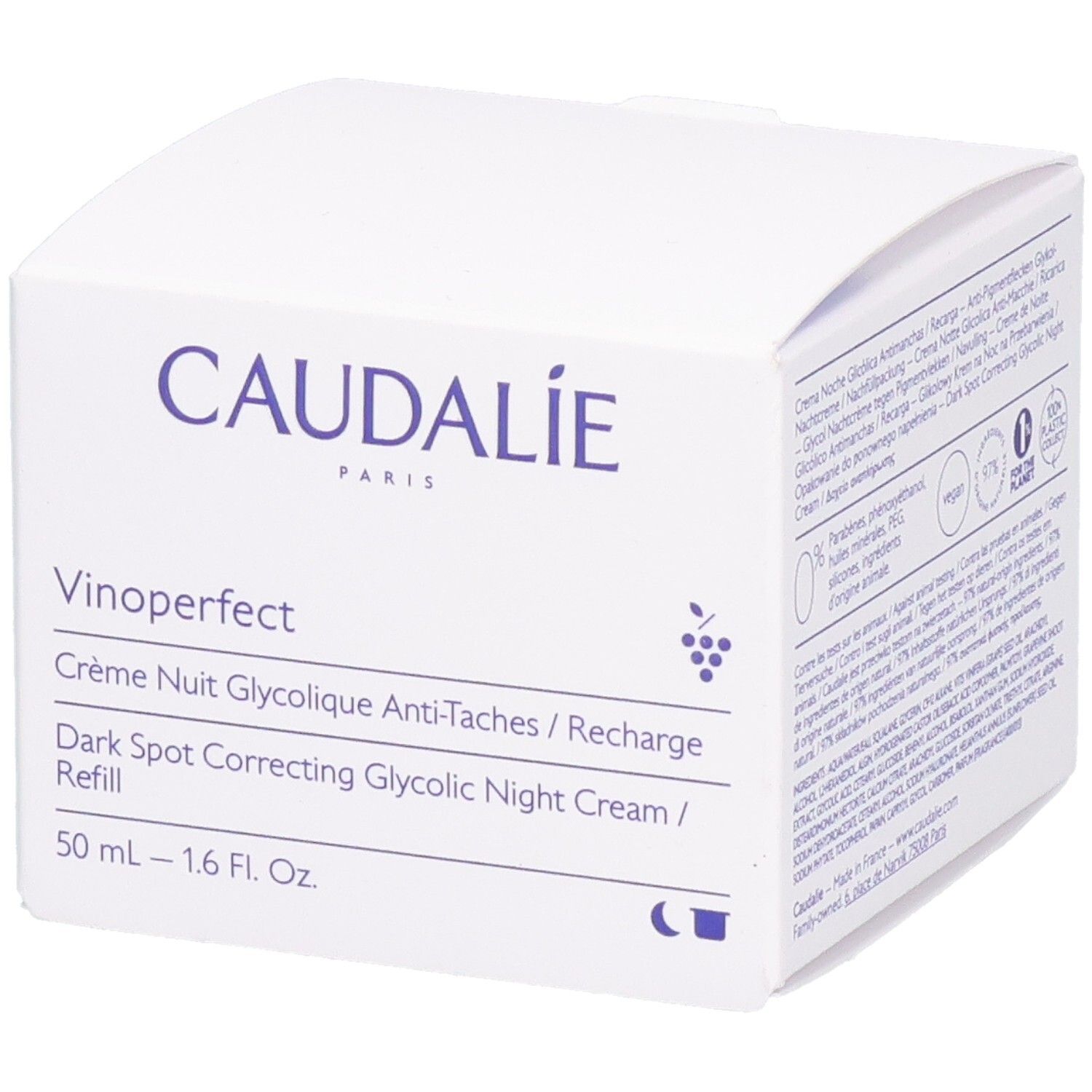 Weiße Verpackung mit Produktinformationen. CAUDALIE-Logo und Produktname. Text in mehreren Sprachen.
