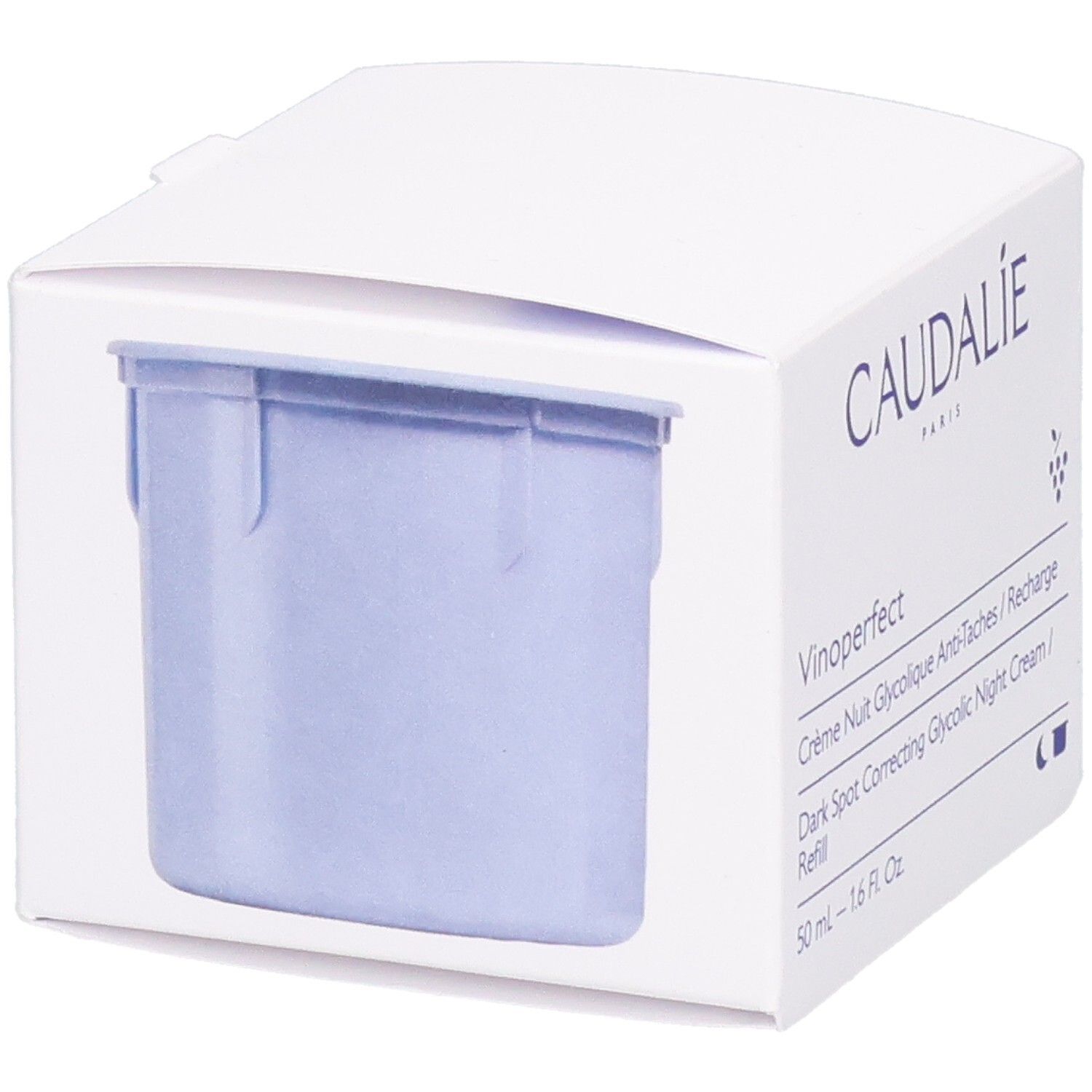 Weiße Verpackung mit Produktinformationen. CAUDALIE-Logo und Produktname. Enthält eine hellblaue Creme-Nachfüllung.