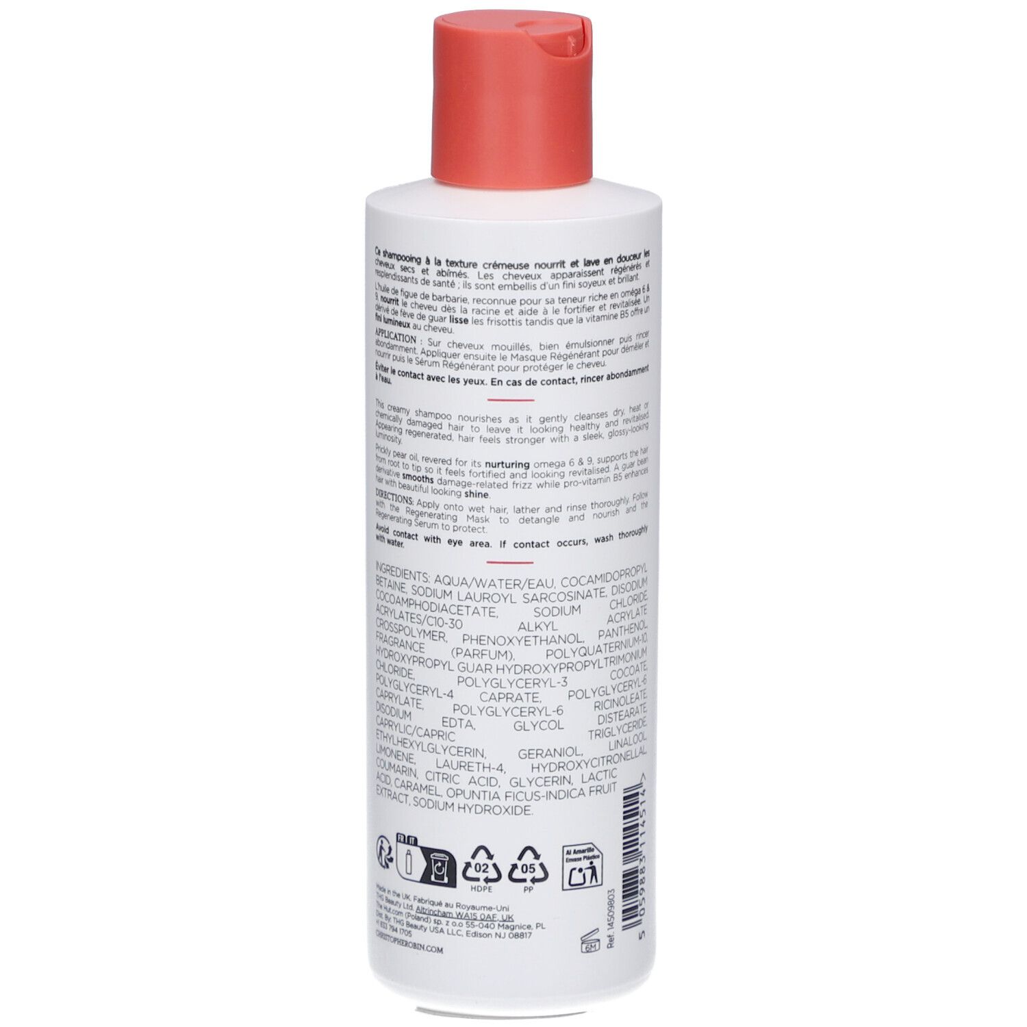 Rückseite der weißen Flasche. Text mit Anwendungshinweisen und Inhaltsstoffen. Roter Streifen am unteren Rand. Schwarze Schrift.