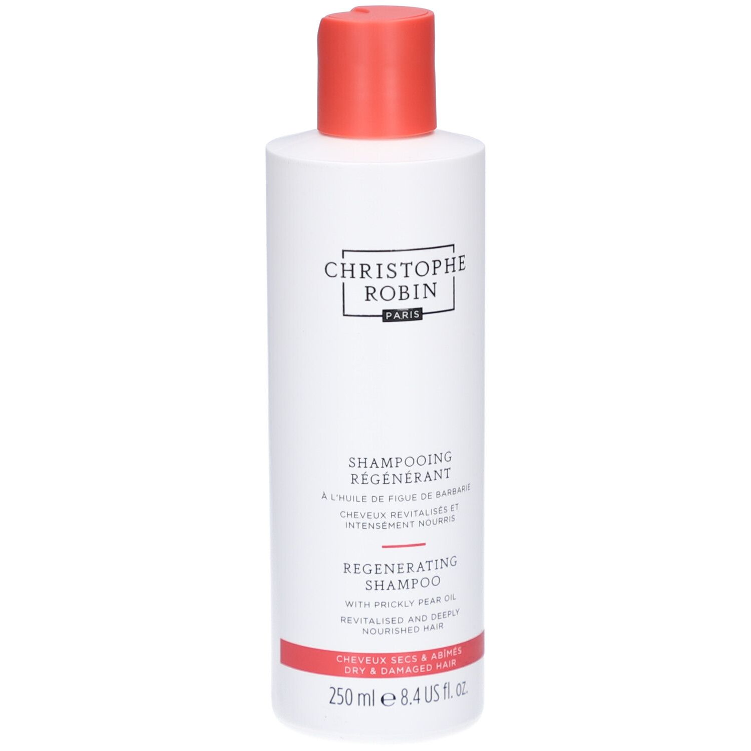 Weiße Flasche mit rotem Deckel. Aufschrift: Christophe Robin Paris, Regenerating Shampoo mit Feigenöl. Für trockenes, strapaziertes Haar.