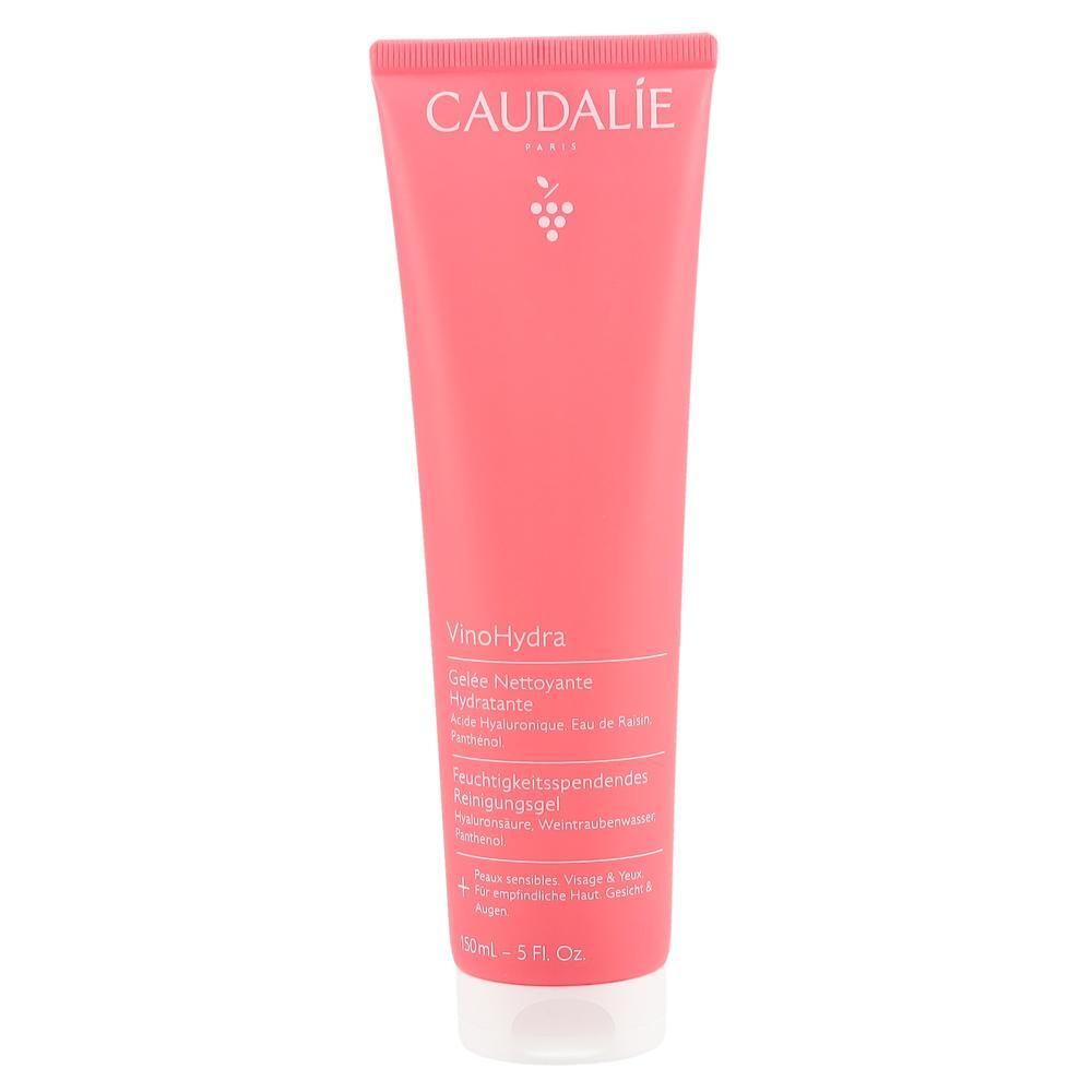 Tube rose avec bouchon blanc. CAUDALIE en haut. En dessous, VinoHydra et informations produit en blanc.