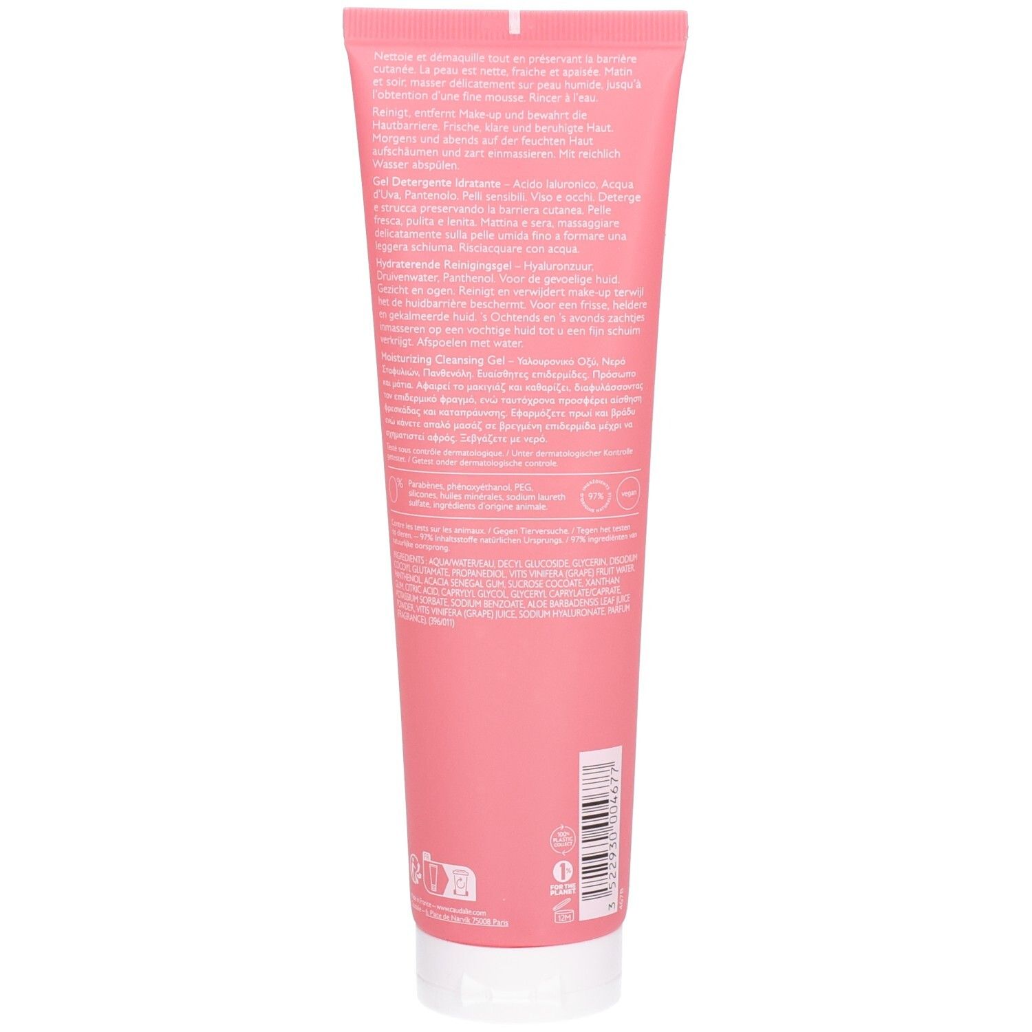 Rückseite einer rosa Tube mit weißem Deckel. Text in mehreren Sprachen. Logos und Informationen zur Inhaltsstoffen.