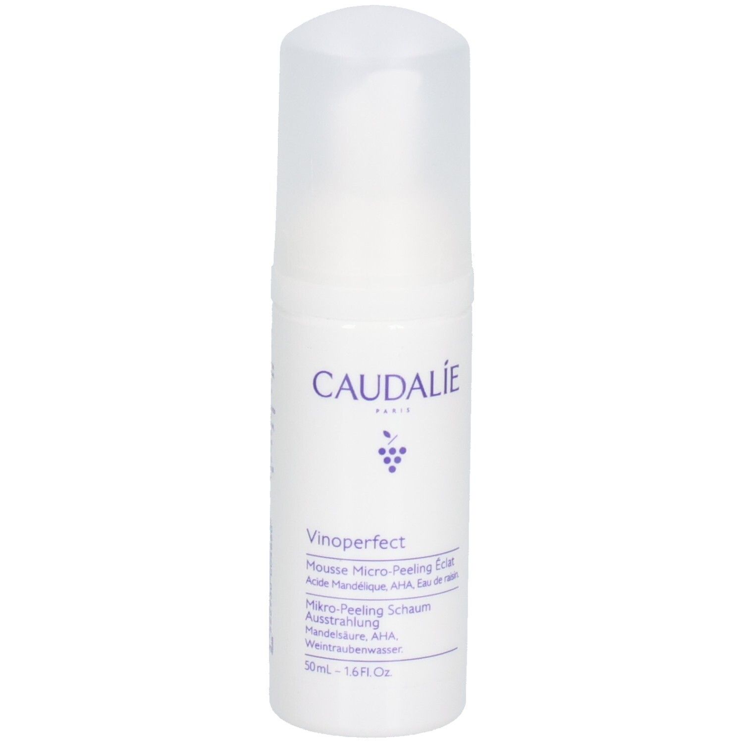 Weiße Flasche mit Pumpe. Caudalie-Logo und Produktbezeichnung. Enthält Mikro-Peeling-Schaum.