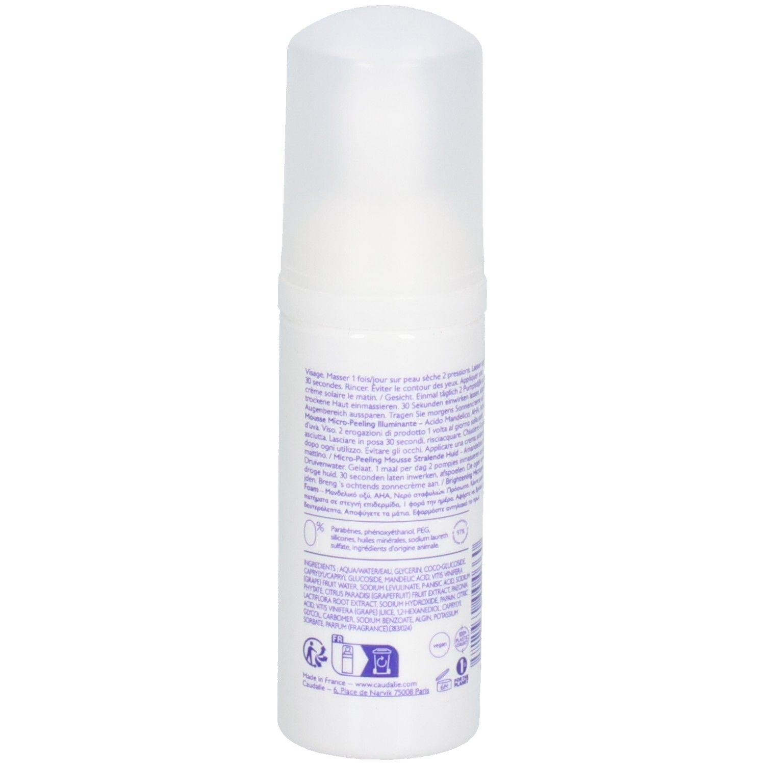 Weiße Flasche mit Pumpe. Rückseite mit Text. Enthält Mikro-Peeling-Schaum.