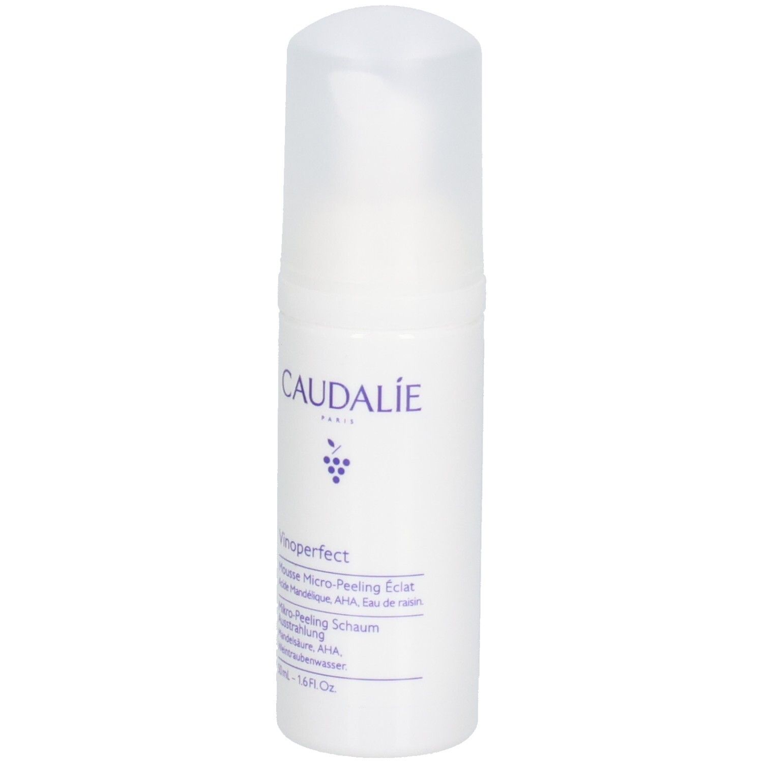 Weiße Flasche mit Pumpe. Caudalie-Logo und Produktbezeichnung. Enthält Mikro-Peeling-Schaum.