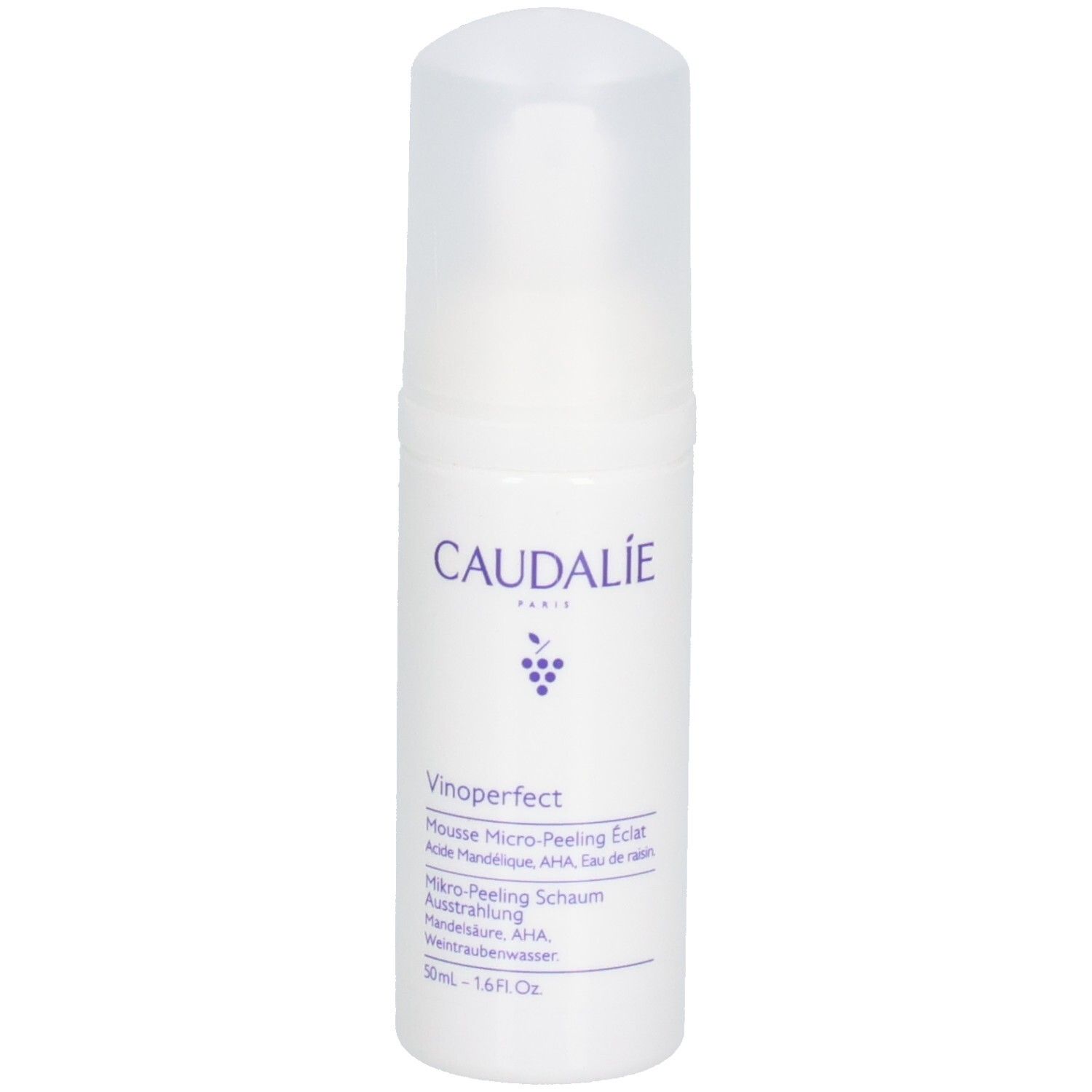 Weiße Flasche mit Pumpe. Caudalie-Logo und Produktbezeichnung. Enthält Mikro-Peeling-Schaum.