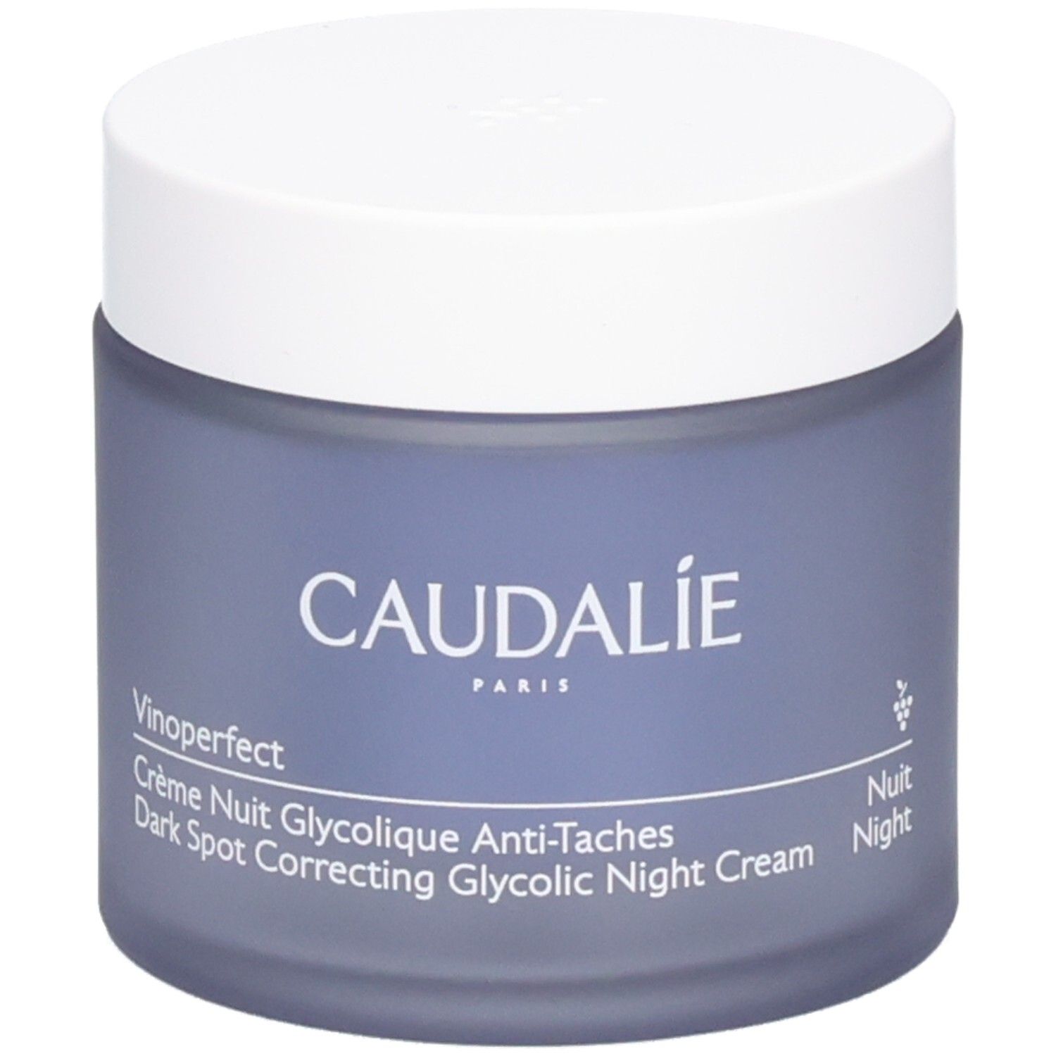Creme-Tiegel mit weißem Deckel. Aufschrift CAUDALIE und Vinoperfect. Creme Nuit Glycolique Anti-Taches. Nachtcreme.