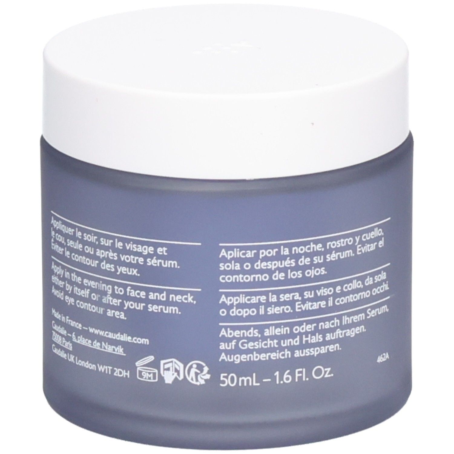 Creme-Tiegel mit weißem Deckel. Aufschrift CAUDALIE und Vinoperfect. Creme Nuit Glycolique Anti-Taches. Nachtcreme.