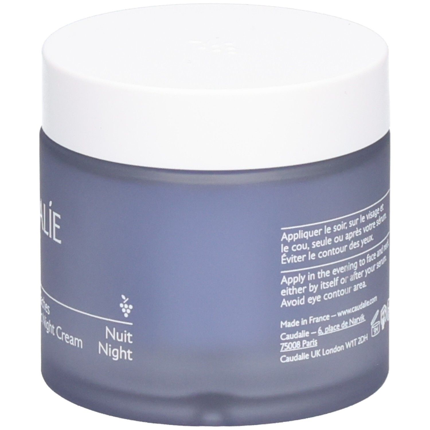 Creme-Tiegel mit weißem Deckel. Aufschrift CAUDALIE und Vinoperfect. Creme Nuit Glycolique Anti-Taches. Nachtcreme.