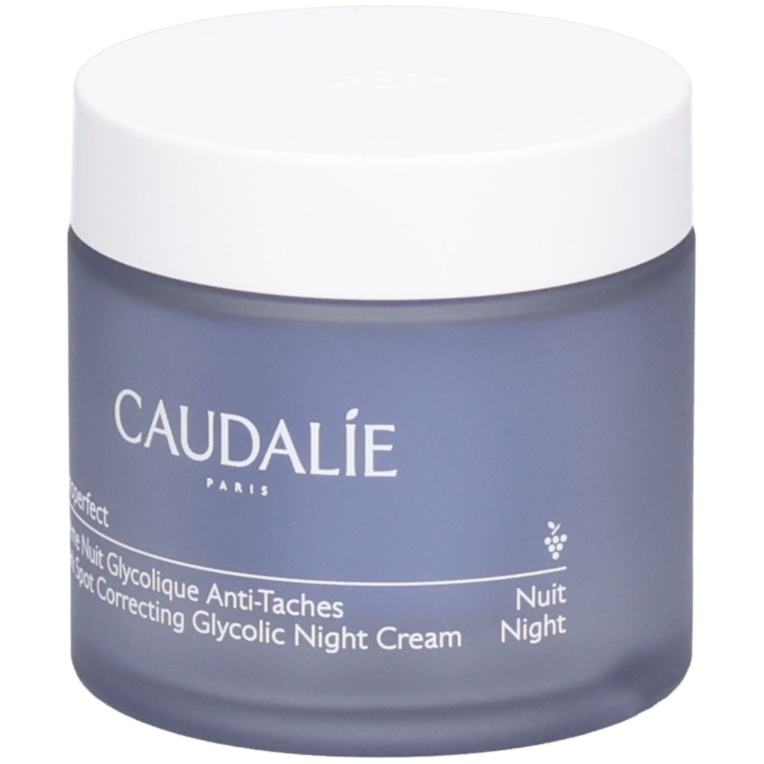 Creme-Tiegel mit weißem Deckel. Aufschrift CAUDALIE und Vinoperfect. Creme Nuit Glycolique Anti-Taches. Nachtcreme.
