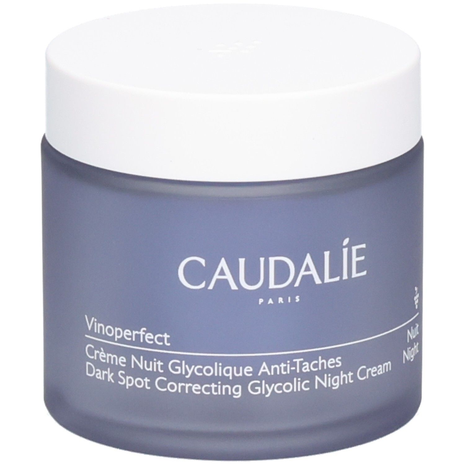 Creme-Tiegel mit weißem Deckel. Aufschrift CAUDALIE und Vinoperfect. Creme Nuit Glycolique Anti-Taches. Nachtcreme.