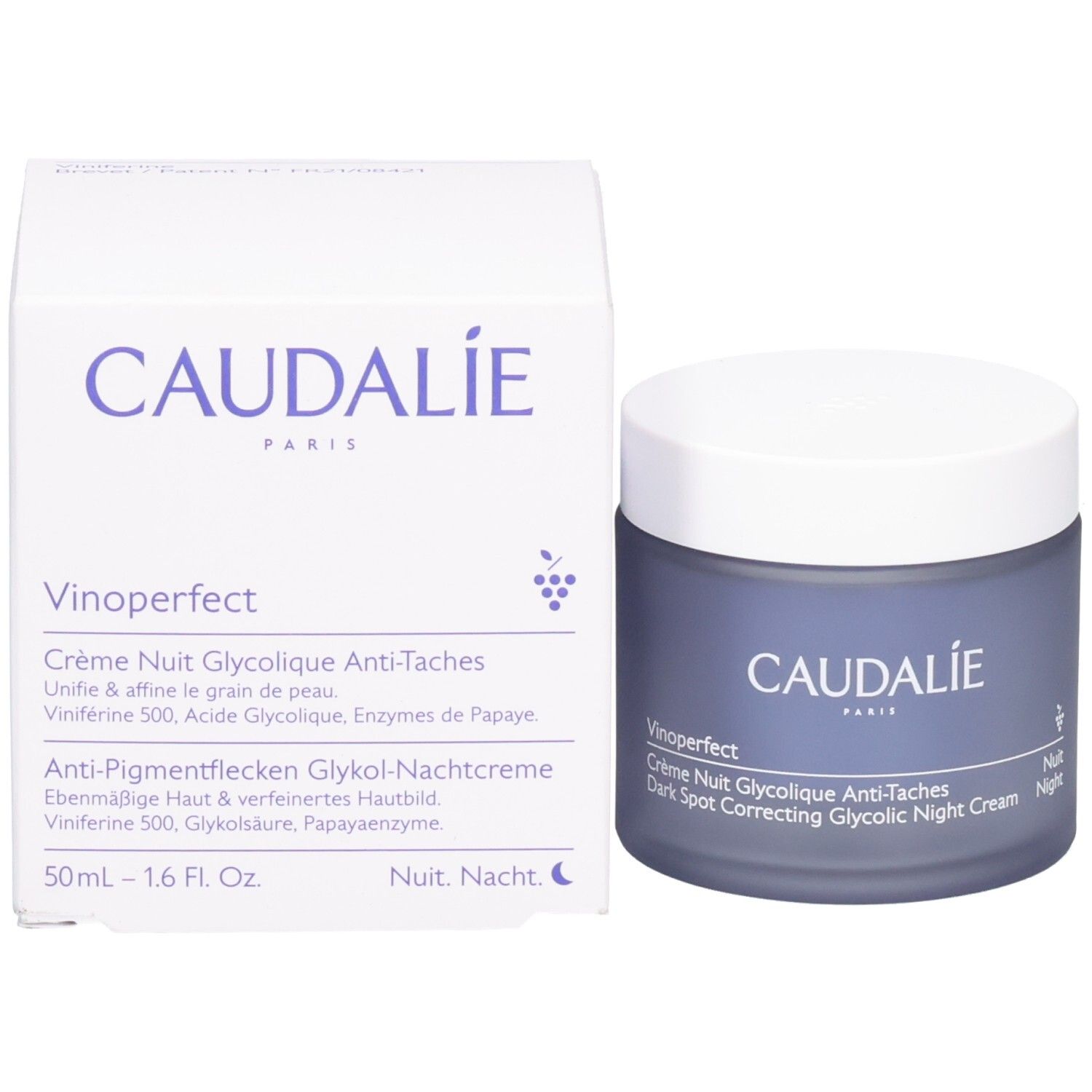 Creme-Tiegel und Schachtel. Aufschrift CAUDALIE und Vinoperfect. Creme Nuit Glycolique Anti-Taches. Nachtcreme. 50ml.