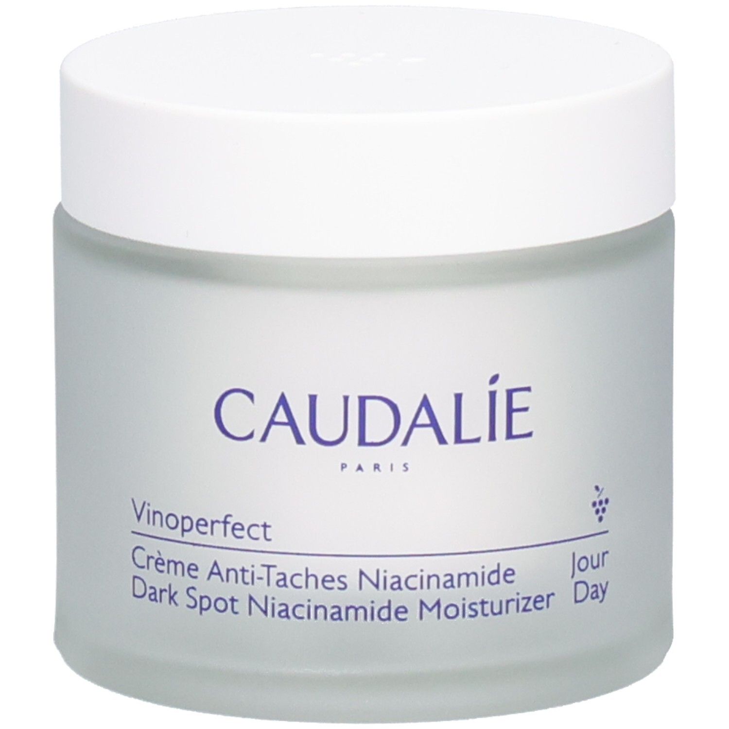 Creme-Tiegel mit weißem Deckel. Auf dem Tiegel steht CAUDALIE und Vinoperfect. Text: Crème Anti-Taches Niacinamide, Dark Spot Niacinamide Moisturizer Day.