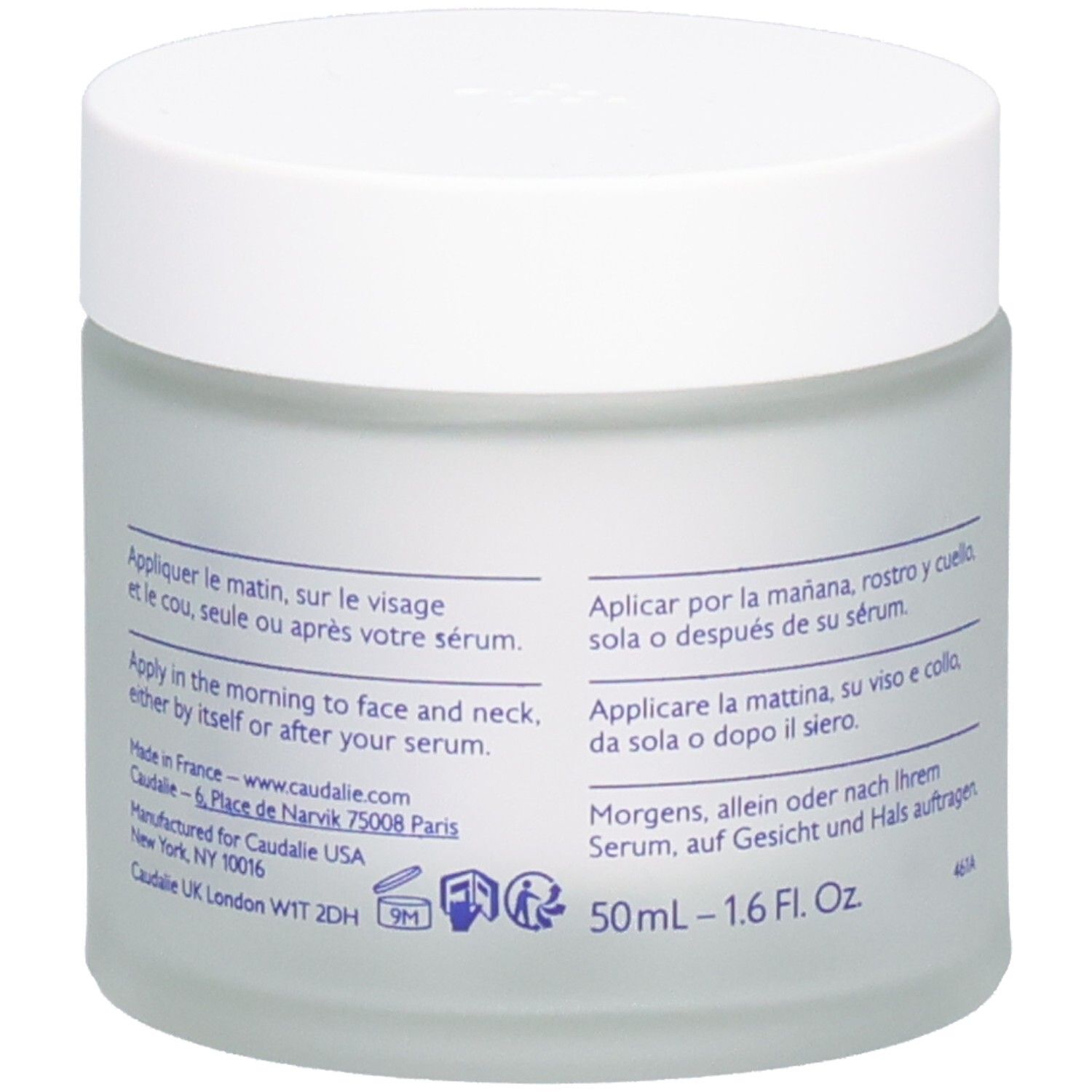 Rückseite des Creme-Tiegels mit weißem Deckel. Text: Anwendung, Adresse, 50 ml.