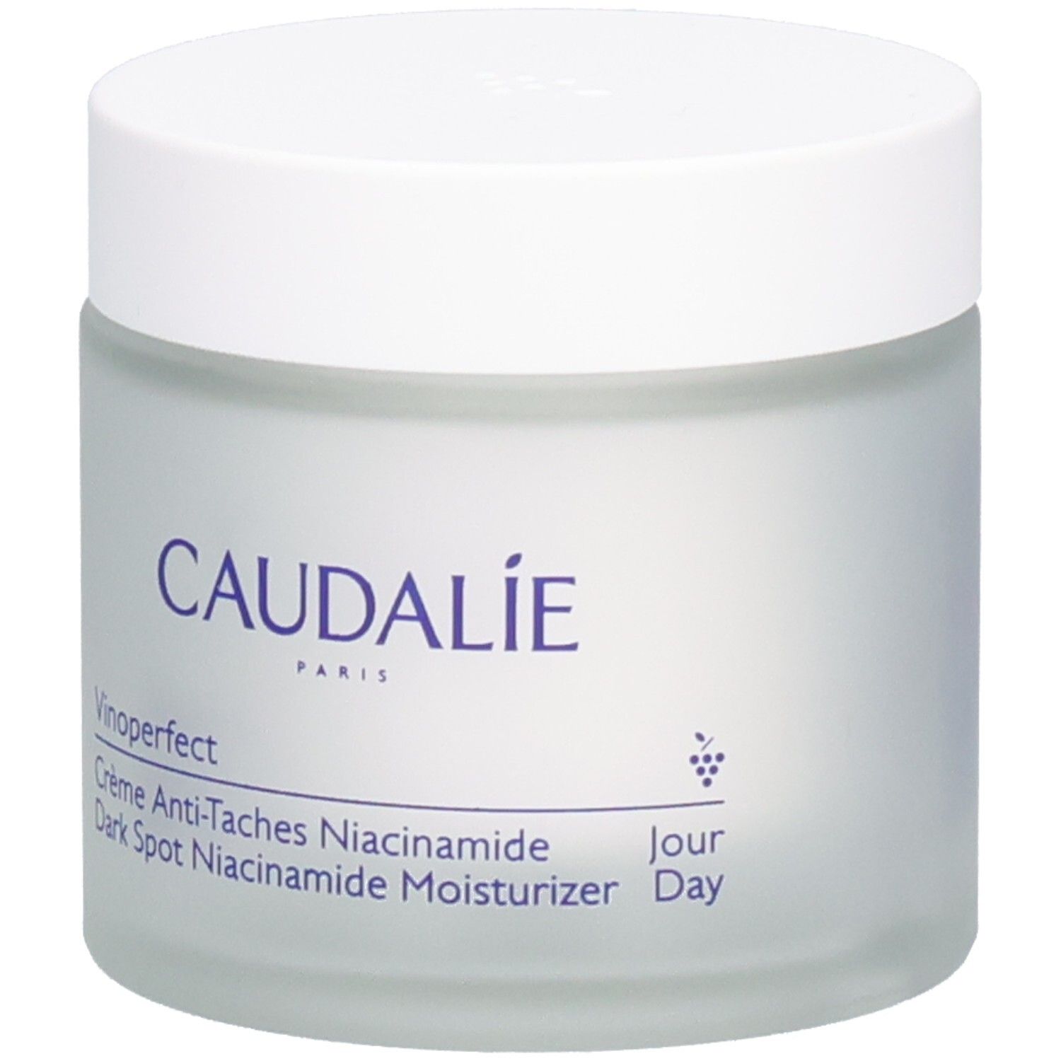 Creme-Tiegel mit weißem Deckel. Auf dem Tiegel steht CAUDALIE und Vinoperfect. Text: Crème Anti-Taches Niacinamide, Dark Spot Niacinamide Moisturizer Day.
