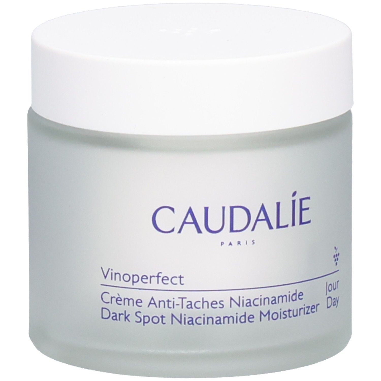 Creme-Tiegel mit weißem Deckel. Auf dem Tiegel steht CAUDALIE und Vinoperfect. Text: Crème Anti-Taches Niacinamide, Dark Spot Niacinamide Moisturizer Day.