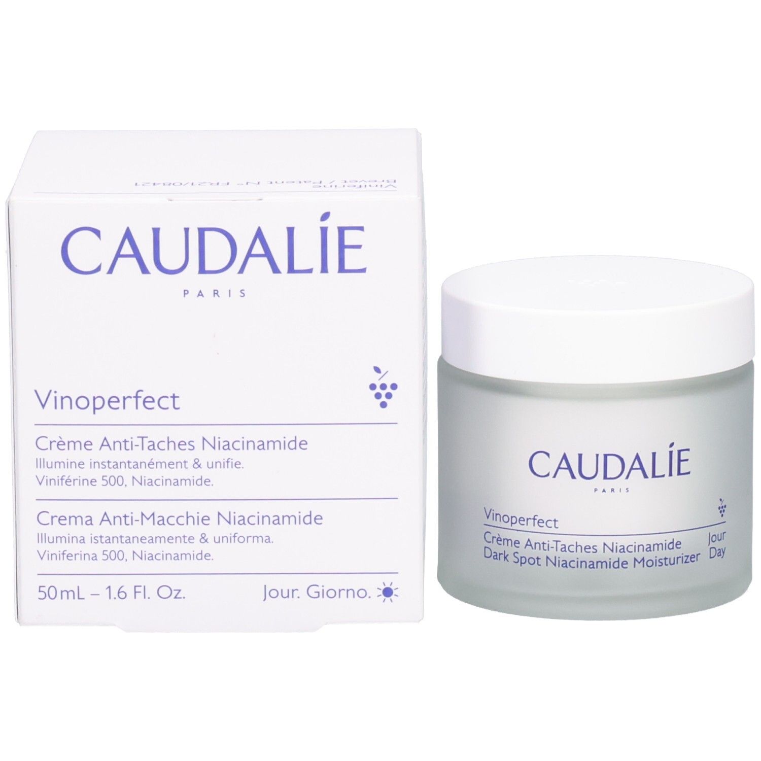 Creme-Tiegel und Verpackung. Auf dem Tiegel und der Verpackung steht CAUDALIE und Vinoperfect. Text: Crème Anti-Taches Niacinamide, 50 ml.