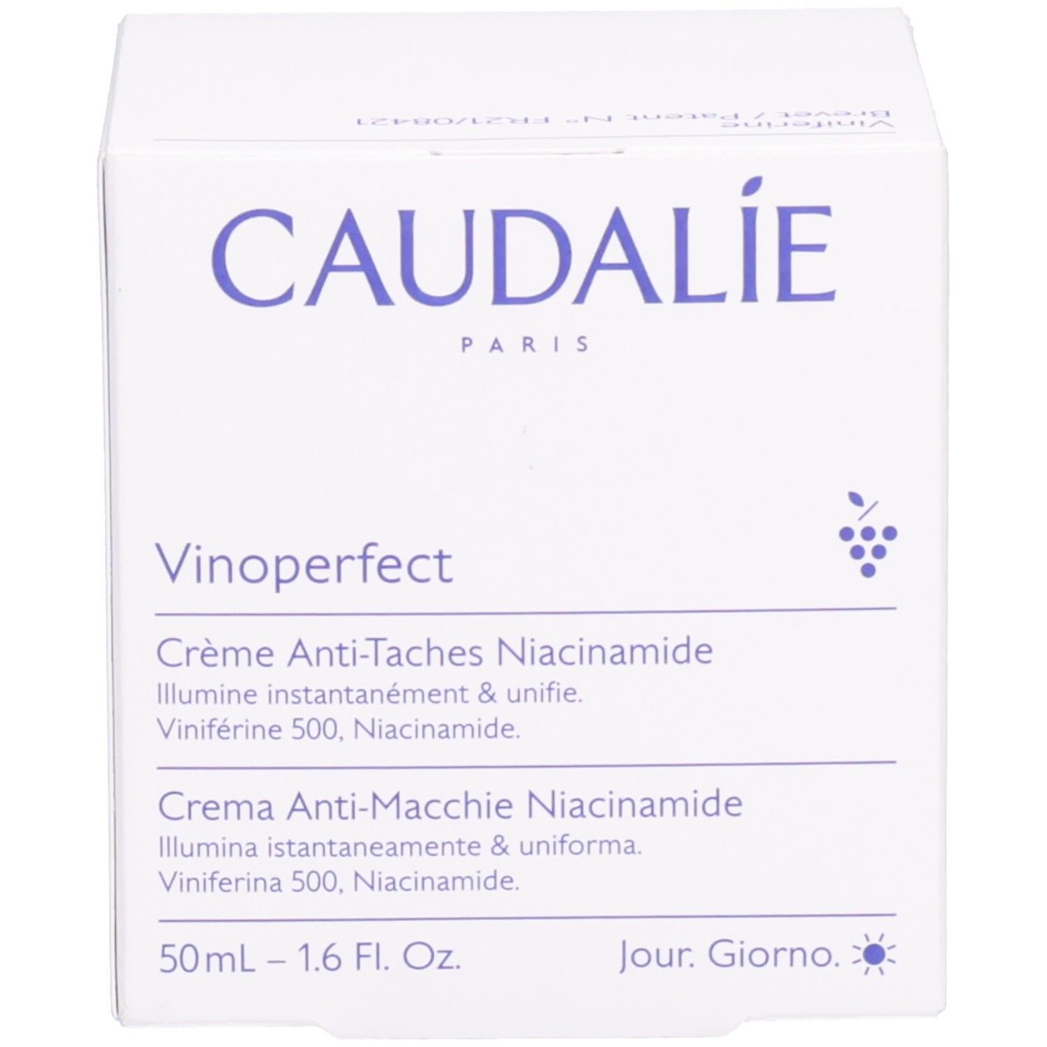 Verpackung. Auf der Verpackung steht CAUDALIE und Vinoperfect. Text: Crème Anti-Taches Niacinamide, 50 ml.