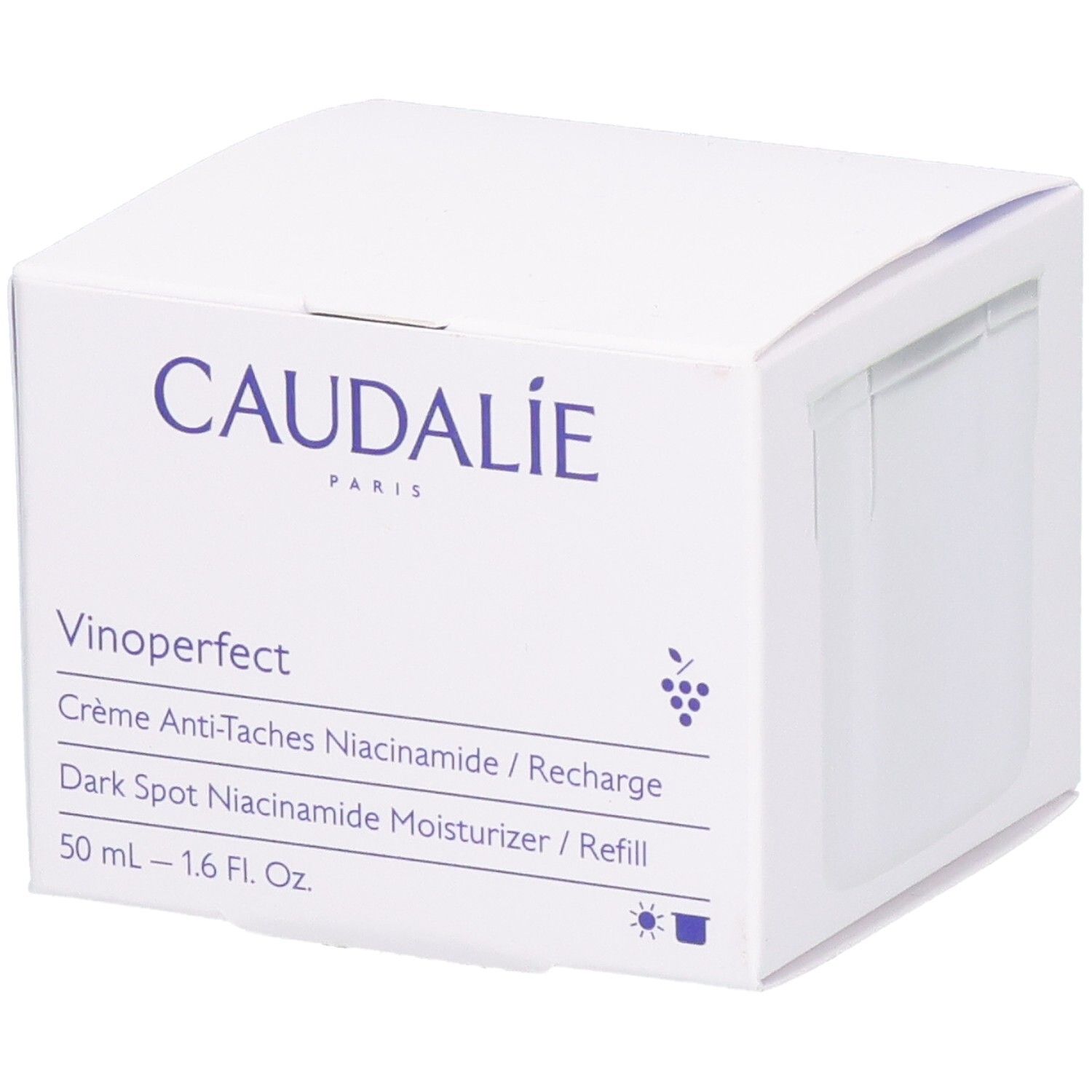Weiße Schachtel mit CAUDALIE-Logo und Produktnamen Vinoperfect. Text in Englisch und Französisch.