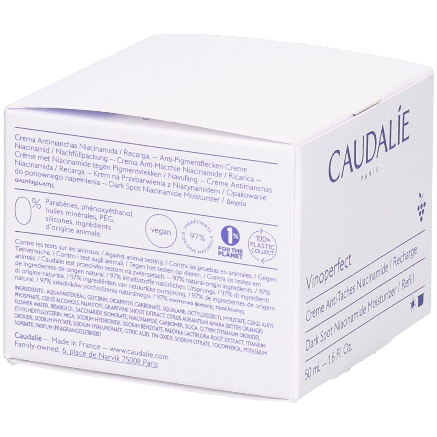 Weiße Schachtel mit CAUDALIE-Logo und Produktinformationen. Text in mehreren Sprachen, darunter Deutsch.